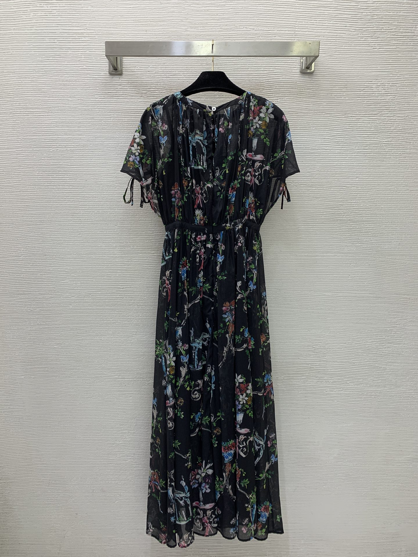 Dior Floral Print Chiffon Waist Tie Midi Dress