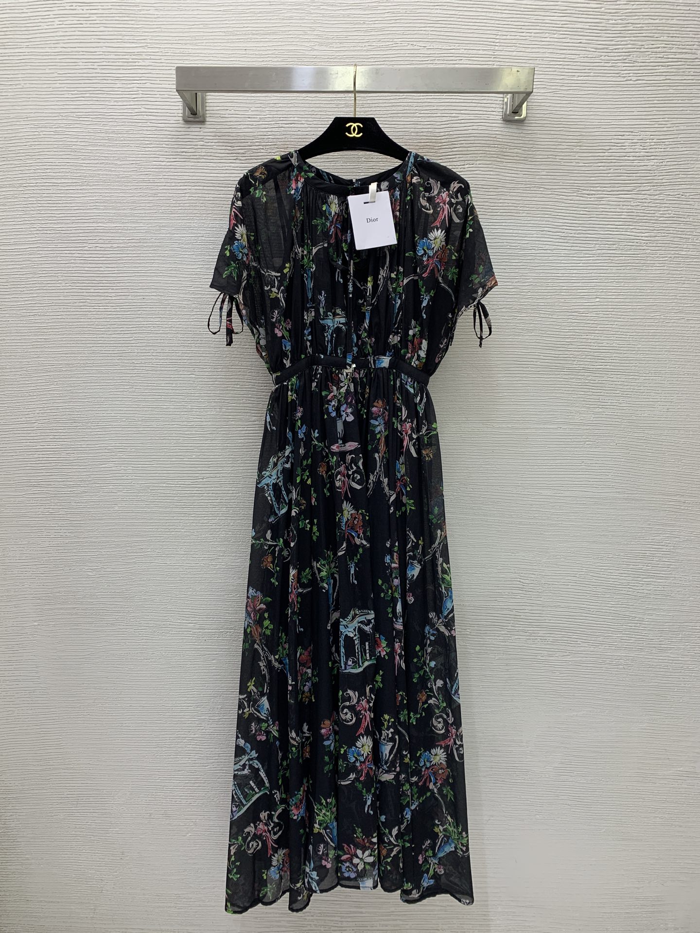 Dior Floral Print Chiffon Waist Tie Midi Dress