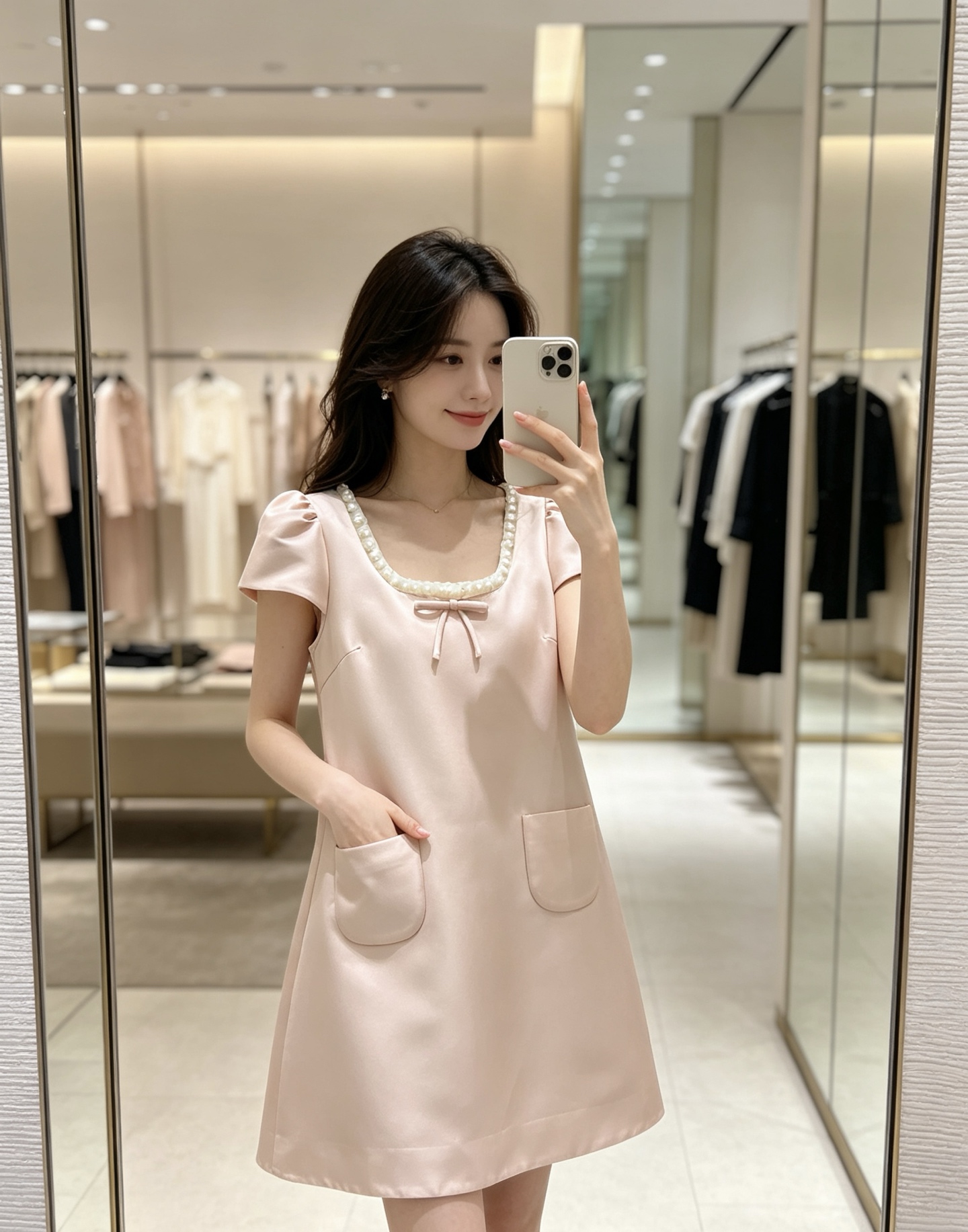 NO:900112,Style No. G26070677 JORYA* Zhuoya’s new high-end custom-made French style high-quality satin thick fabric with a crisp and stylish design!  Pearl-covered neckline, bow decoration, pinch pleats, dropped shoulders, small flying sleeves, pocket design, A-line princess doll skirt, short dress!  (M size bust 88, sleeve length 13, skirt length 79), women's clothing, skirts,19860909款号G26070677 JORYA*卓雅新款高端定制法式千金风光感优质缎稠面料版型挺括有型！领口珍珠包边蝴蝶结装饰捏褶落肩小飞袖口袋设计A字公主娃娃裙短款连衣裙！ （M码胸围88,袖长13,裙长79）,女装,skirts,,Women's clothing