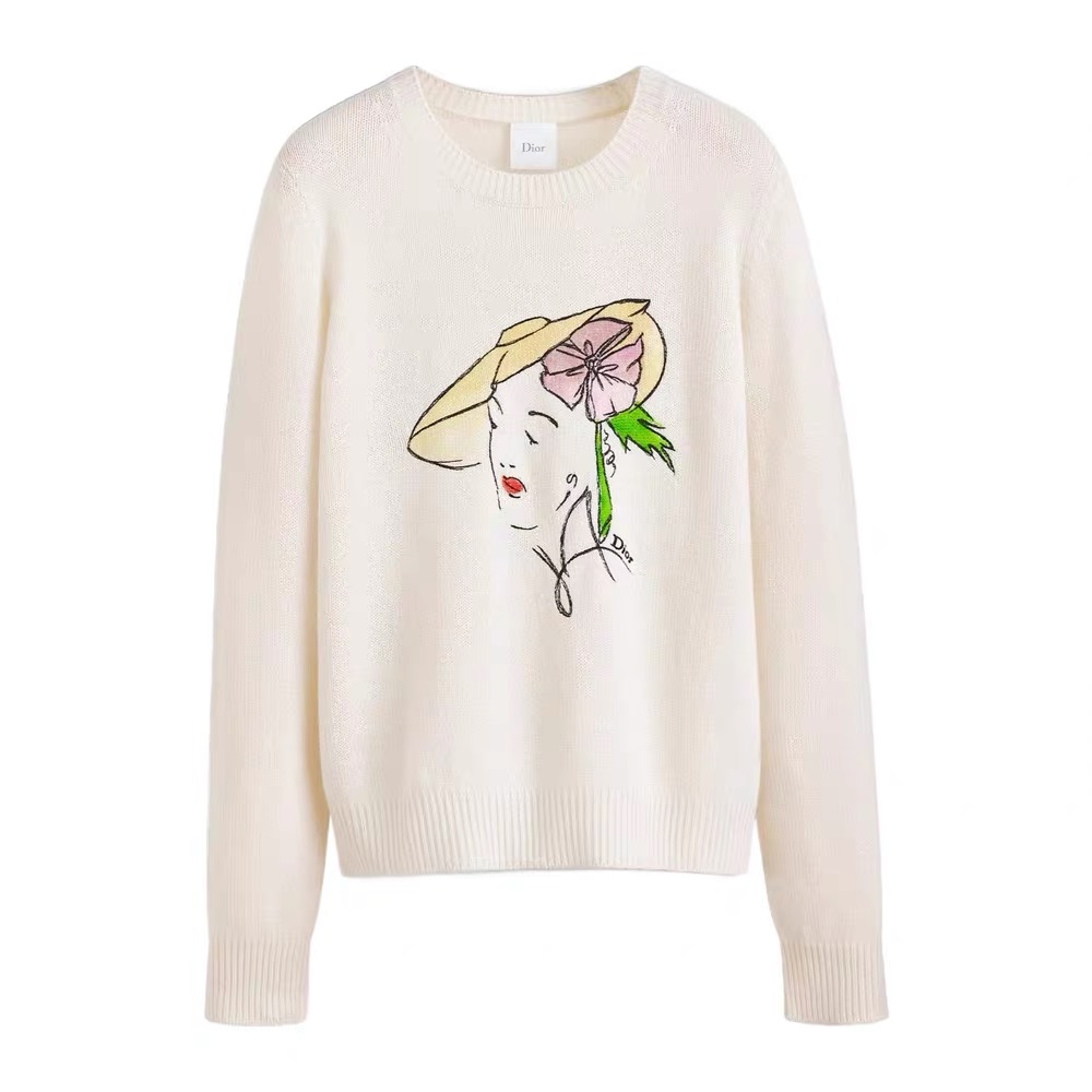 NO:921822,Style No. 70946 Dio*’s new high-end customized wool fabric feels soft and skin-friendly!  Round neck pullover long-sleeved sweater top with girl portrait pattern embroidered on the chest!  Off-white (M size shoulder width 36, bust 96, sleeve length 60, dress length 55) batch,, dior, sweaters,19860909款号70946 Dio*新款高端定制羊毛面料手感软糯亲肤！胸前万针刺绣女郎人像图案圆领套头长袖针织衫毛衣上衣！米白色 （M码肩宽36,胸围96,袖长60,衣长55）批,,dior,sweaters,,Women's clothing