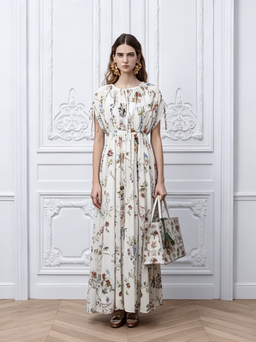 NO:900133,Model No. G26070633 Dio*’s new high-end custom-made thin and elegant pure cotton fabric, bow pleated lace-up CD metal accessories decoration on the chest, full body flower and green leaf winding print, waist slimming, large skirt, round neck, short-sleeved dress and long skirt!  Black, white, 36-38-40-42-44-46 (36 size bust 84, waist 70, raglan sleeve length 29, skirt length 129), Dior-clothing, dior, dior, skirts, T-shirt,19860909款号G26070633 Dio*新款高端定制轻薄飘逸纯棉面料、胸前蝴蝶结抽褶皱系带CD金属配件装饰、满身花朵绿叶缠绕印花收腰显瘦大裙摆圆领短袖连衣裙长裙！黑色、白色、36-38-40-42-44-46（36码胸围84,腰围70,连肩袖长29,裙长129）,迪奥-服装,dior,dior,skirts,T-shirt,,Women's clothing