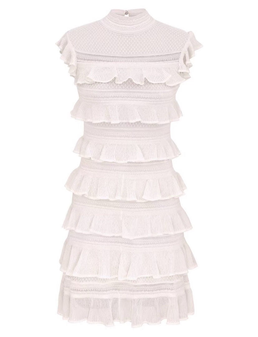 NO:923050,Model No. D26070969 ZIMMERMA*N Zimmerman's new Australian brand, French noble lady style, light and breathable soft-surface high-quality knitted fabric with fine glitter ~ The skirt is layered with ruffles and spliced ​​with small flying sleeves and a half-high collar design cake skirt knitted dress!  Black/pink/white (M size bust 64, skirt length 93/fabric elastic gap, large size is for reference only), Zimmerman-clothing, skirts,19860909款号D26070969 ZIMMERMA*N兹默曼新款澳洲品牌、法式千金风贵气大小姐风范轻薄透气软面优质针织面料带细闪～裙身层层荷叶边拼接小飞袖半高领设计蛋糕裙针织连衣裙！黑色/粉色/白色  （M码胸围64,裙长93/面料弹力差距大尺寸仅供参考）,兹默曼-服装,skirts,,Women's clothing