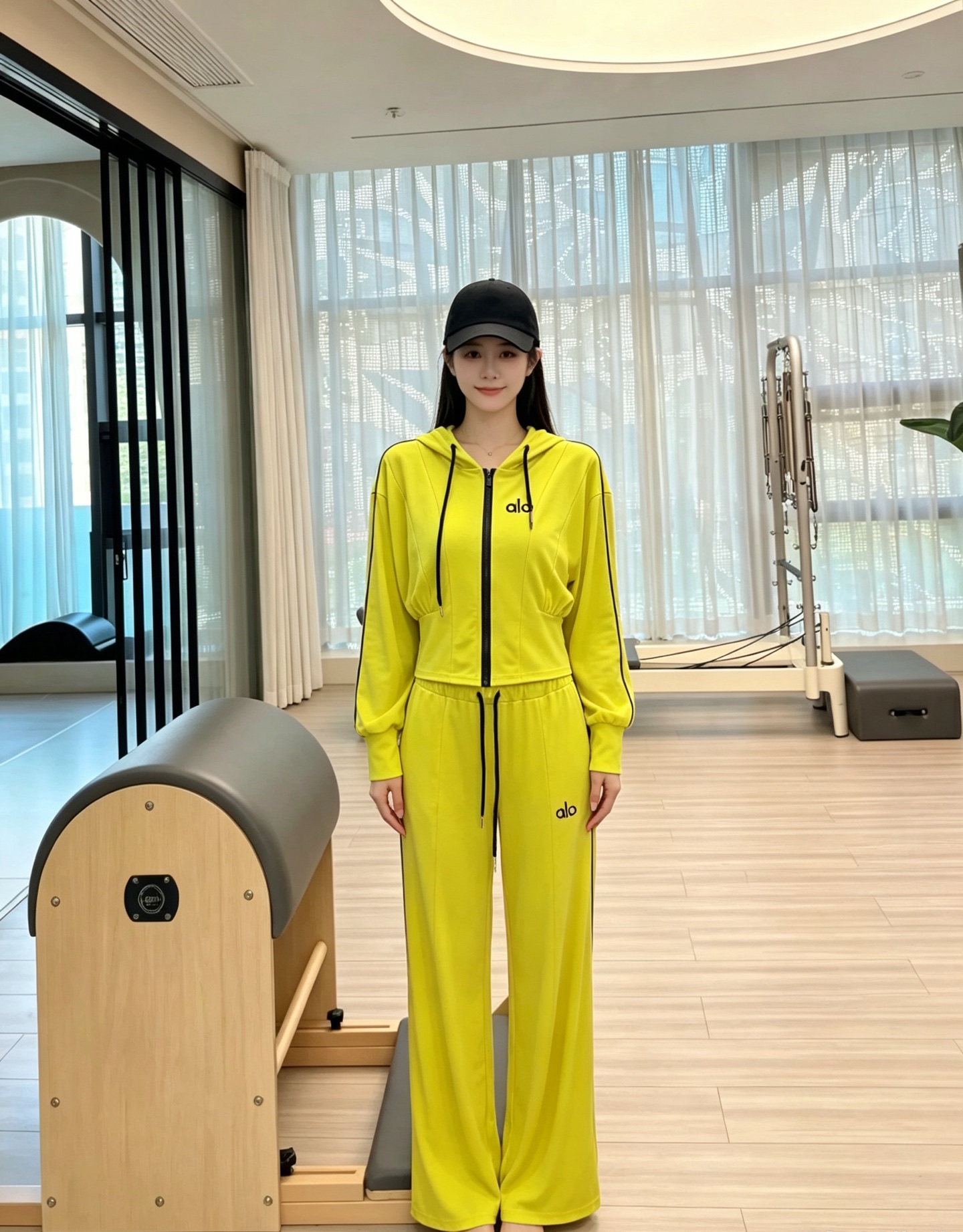 NO:932429,Style No. D26071610 Aloyoga’s new fashionable sports suit!  Fly zipper, contrasting color design, embroidered logo badge on chest, hooded long-sleeved jacket, top with webbing stitching and drawstring, pocket-style elastic waist, elastic wide-leg trousers!  Lemon yellow/Light brown/Lake blue/Classic black, (S size shoulder width 50, bust 110, sleeve length 52, clothing length 51; elastic waist 66~82, hip 94, pants length 105), women's clothing, jackets & coats, hats,19860909款号D26071610 Aloyoga新款时尚运动套装！门襟拉链撞色设计胸口刺绣logo胸章连帽长袖外套上衣织带拼接抽绳插兜式松紧腰弹力阔腿长裤！柠檬黄/浅咖色/湖蓝色/经典黑,  （S码肩宽50,胸围110,袖长52,衣长51；腰围66～82松紧弹力,臀围94,裤长105）,女装,jackets & coats,hats,,Women's clothing