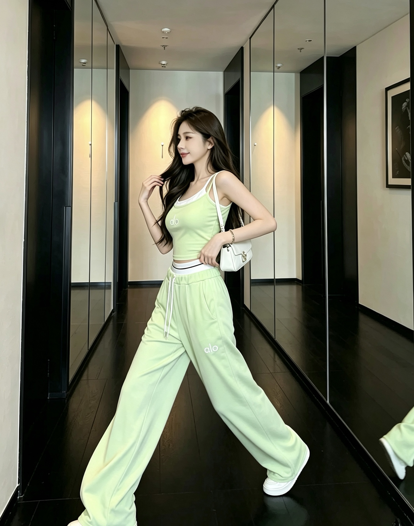 NO:931780,Style No. D26071434 Aloyoga’s new fashionable sports suit!  Contrast color splicing fake two-piece short embroidered logo badge suspender top webbing splicing waist high waist slimming wide leg straight pants trousers!  Fresh green/black/red, (S size bust 70, length 32; waist 64~84 elastic, pants length 110), women's clothing,19860909款号D26071434 Aloyoga新款时尚潮流运动套装！撞色拼接假两件短款刺绣logo胸章吊带上衣织带拼接腰头高腰显瘦阔腿直筒裤长裤！清新绿/黑色/红色,  （S码胸围70,衣长32；腰围64～84松紧弹力,裤长110）,女装,,Women's clothing