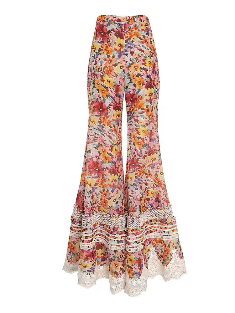 NO:929737,Style No. D26071225 ZIMMERMA*N Zimmerman Australian brand custom-made contrasting blooming floral print with small floral prints, water-soluble lace splicing, striped splicing and cuffed trouser legs, slim fit, flared trousers and elegant trousers!  (M size waist 72, hips 100, pants length 107), Zimmerman-Clothing,19860909款号D26071225 ZIMMERMA*N兹默曼澳洲品牌定制撞色晕染花卉印花小碎花、水溶蕾丝边拼接条纹拼接打揽裤脚修身显瘦喇叭裤气质长裤！ （M码腰围72,臀围100,裤长107）,兹默曼-服装,,Women's clothing