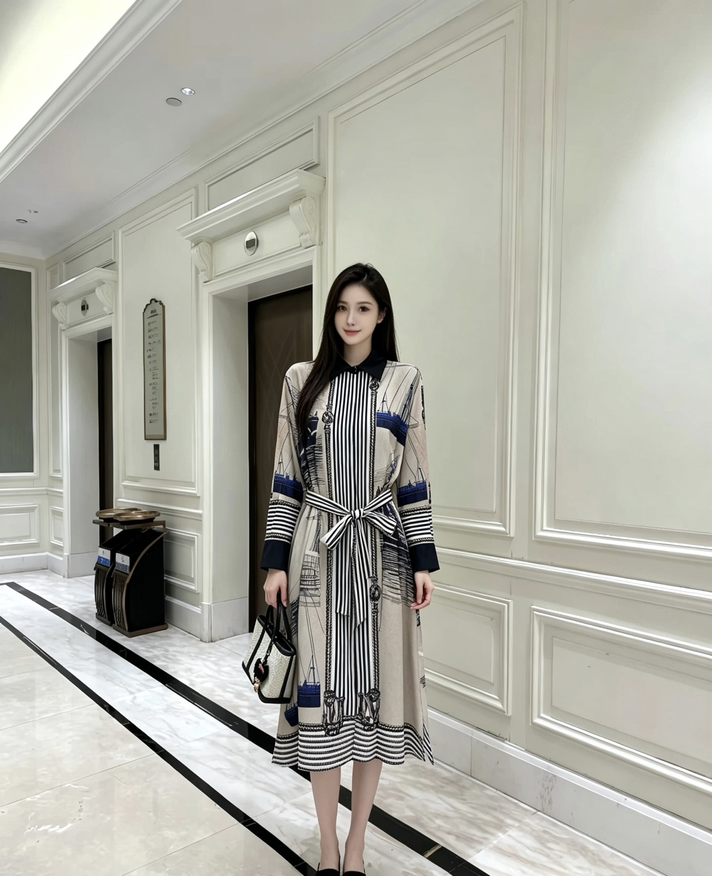 NO:929366,Model No. D26071563 MaxMar*a's new nautical sailing seagull striped knot print pattern, small slits on both sides of the hem, long-sleeved contrasting lapel shirt dress!  (M size bust 126, shoulder width 49, sleeve length 56, skirt length 112) batch,,skirts,shirts,19860909款号D26071563 MaxMar*a新款 航海帆船海鸥间条纹纽结印花图案、下摆两侧小开叉设计长袖撞色翻领衬衫连衣裙！ （M码胸围126,肩宽49,袖长56,裙长112）批,,skirts,shirts,,Women's clothing