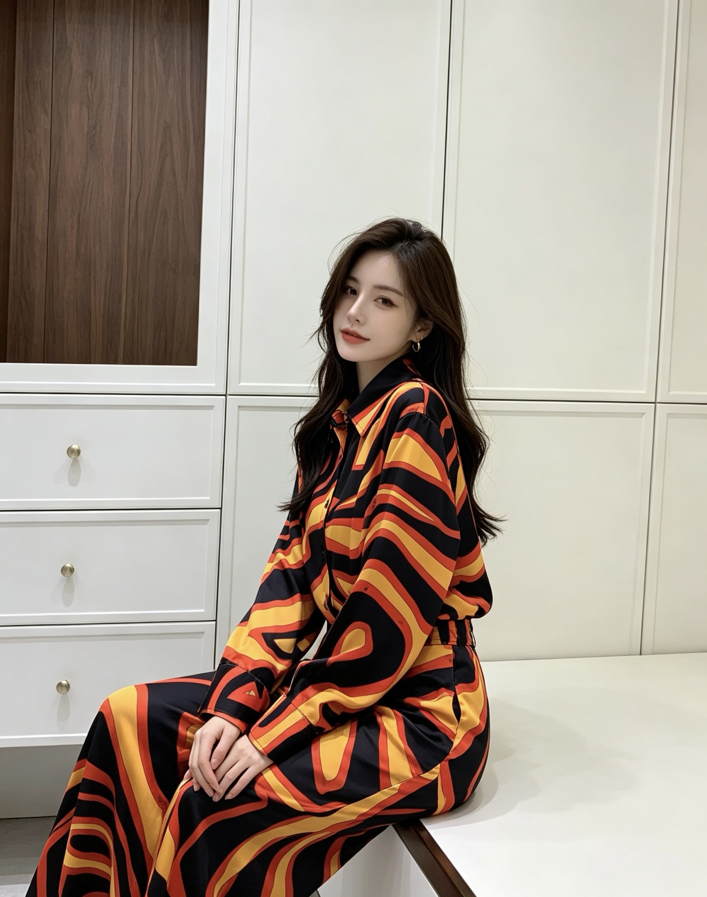 NO:932498,Top and pants model number D26071652 PUCC* new custom-made silky satin thick fabric fashionable and casual two-piece suit!  Abstract geometric graphic contrasting print loose fit buttoned lapel long-sleeved shirt high-waisted wide-leg trousers!  (M size shoulder width 46, chest 112, sleeve length 56, dress length 70; waist 66, hip 102, pants length 106),,shirts,19860909上衣、裤子款号D26071652 PUCC*新款定制丝滑缎稠面料时髦洋气休闲两件套装！抽象几何图形撞色印花宽松版系扣翻领长袖衬衫高腰阔腿裤长裤！ （M码肩宽46,胸围112,袖长56,衣长70；腰围66,臀围102,裤长106）,,shirts,,Women's clothing