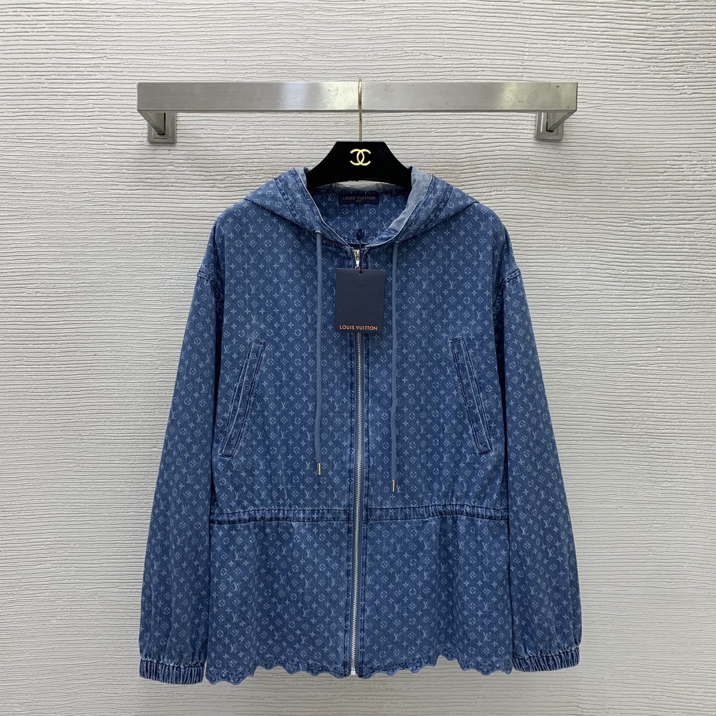 LV Washed Denim Scalloped Hem Hooded Parka