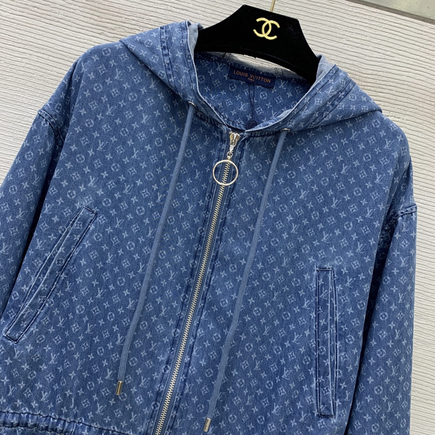 LV Washed Denim Scalloped Hem Hooded Parka