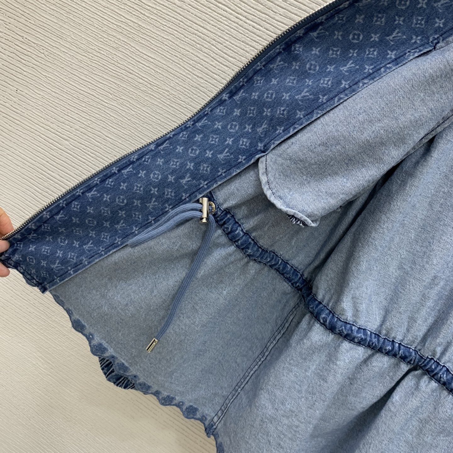 LV Washed Denim Scalloped Hem Hooded Parka