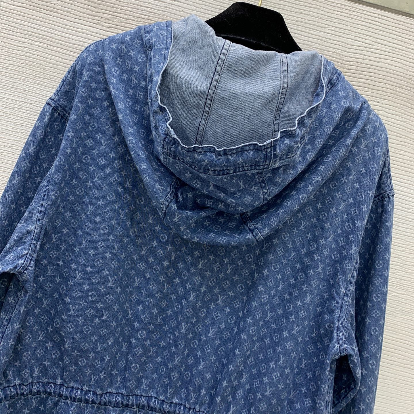 LV Washed Denim Scalloped Hem Hooded Parka