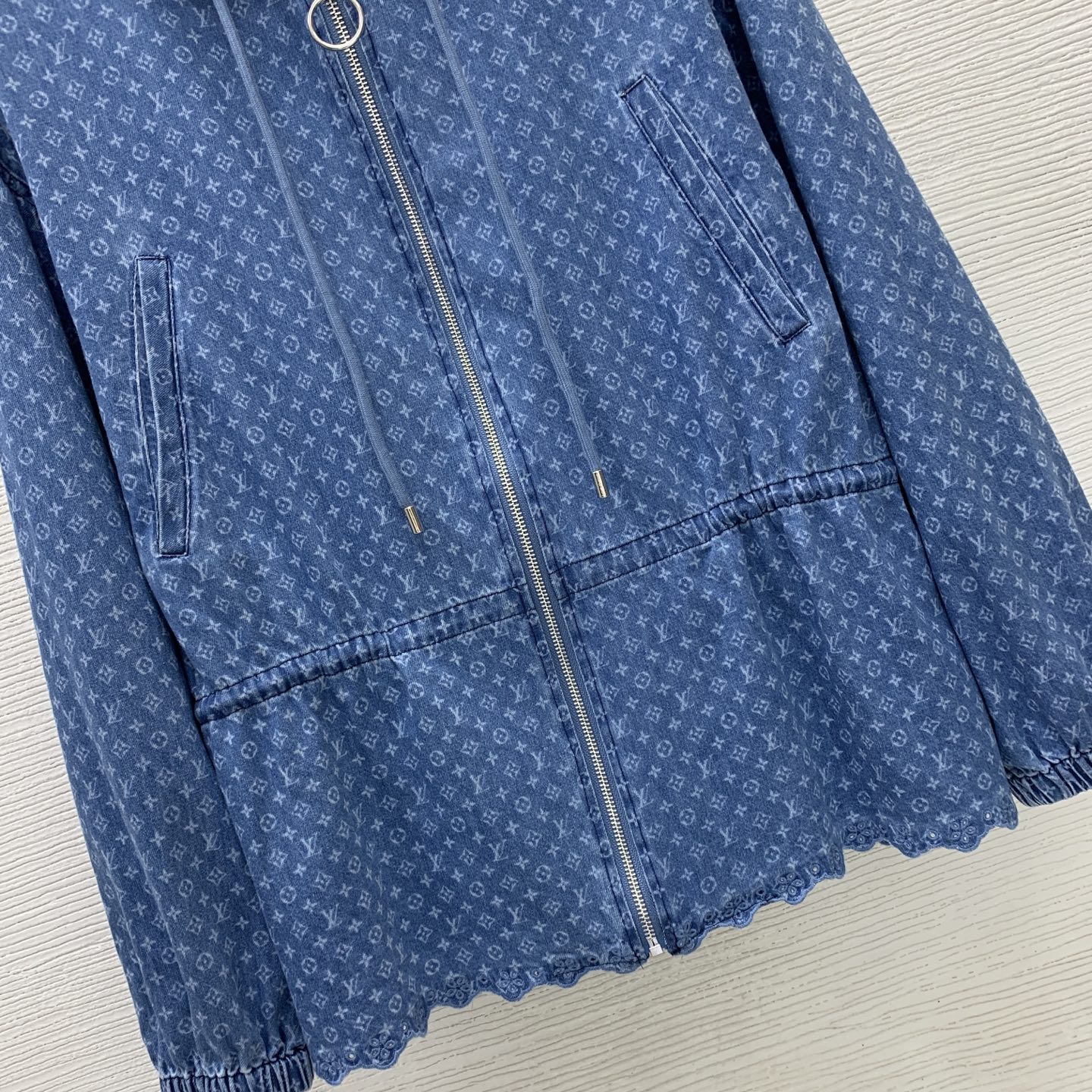 LV Washed Denim Scalloped Hem Hooded Parka
