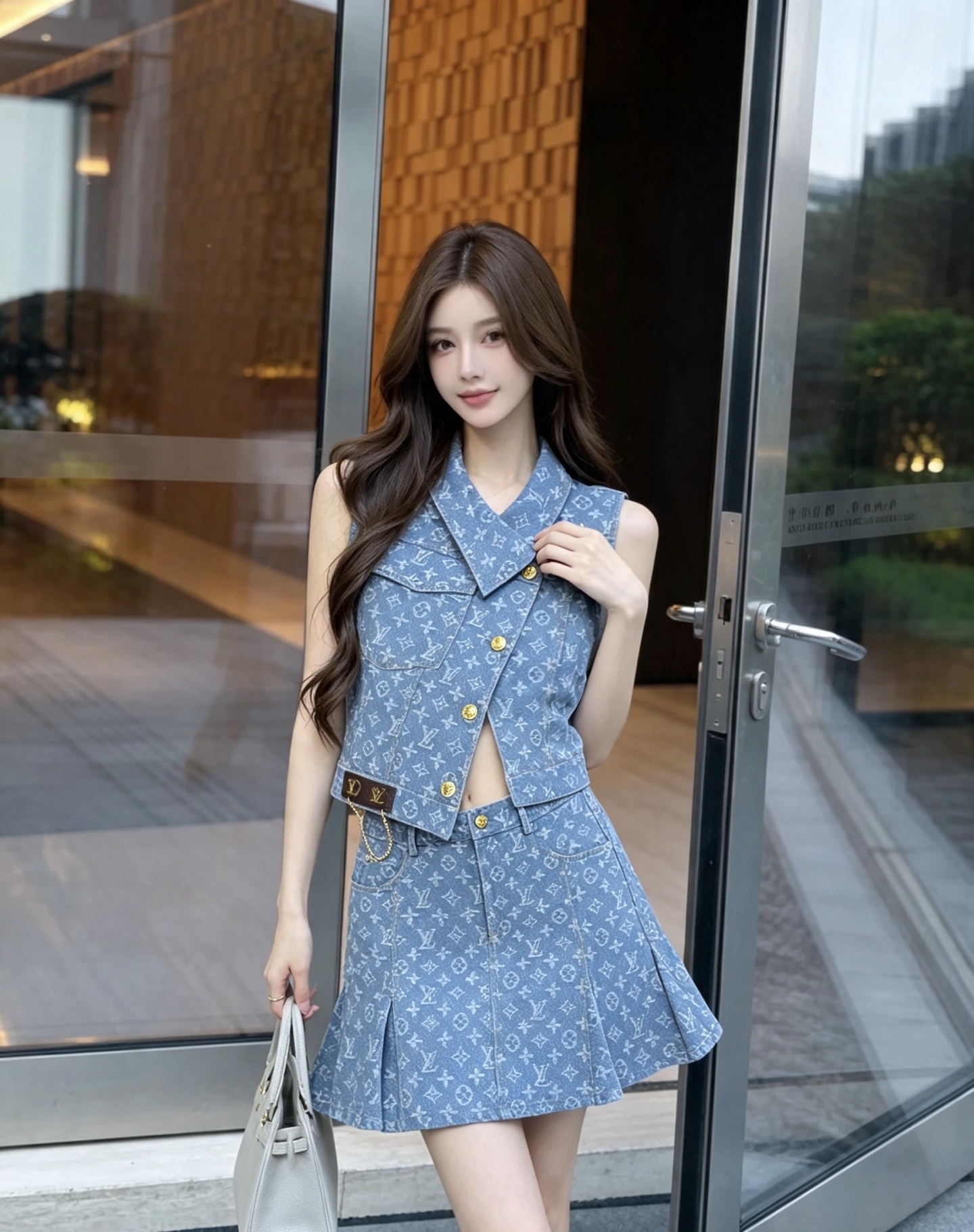 louis vuitton monogram denim vest skirt set
