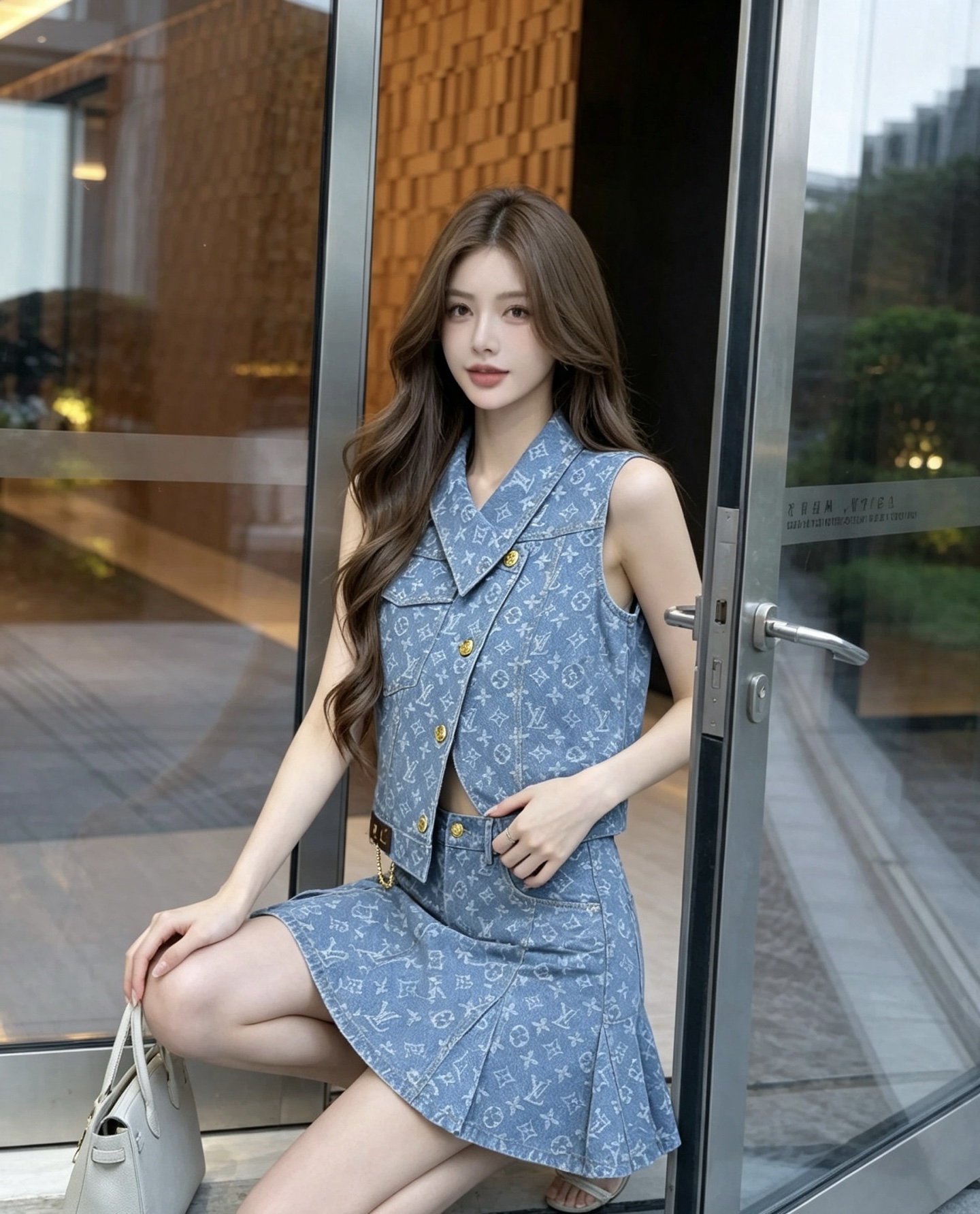 louis vuitton monogram denim vest skirt set