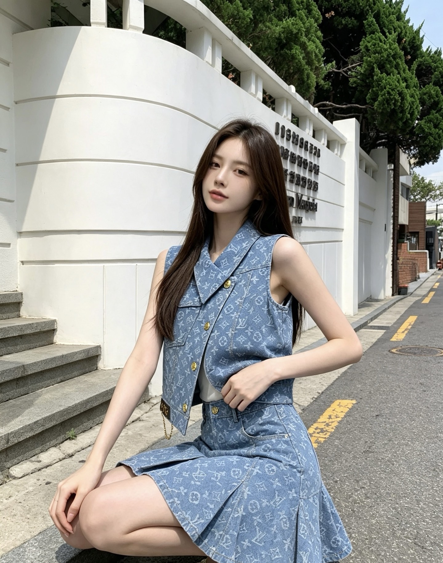 louis vuitton monogram denim vest skirt set