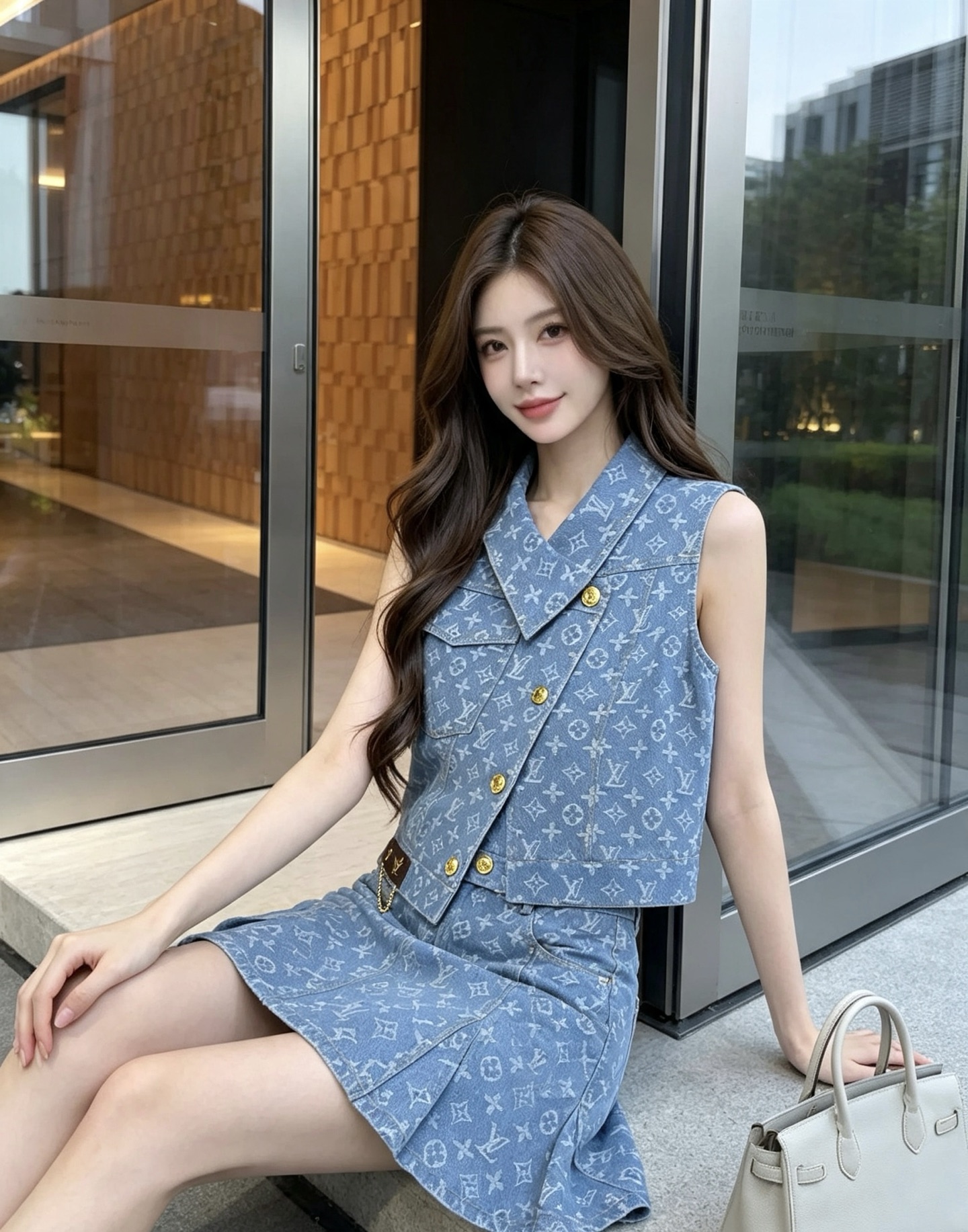 louis vuitton monogram denim vest skirt set