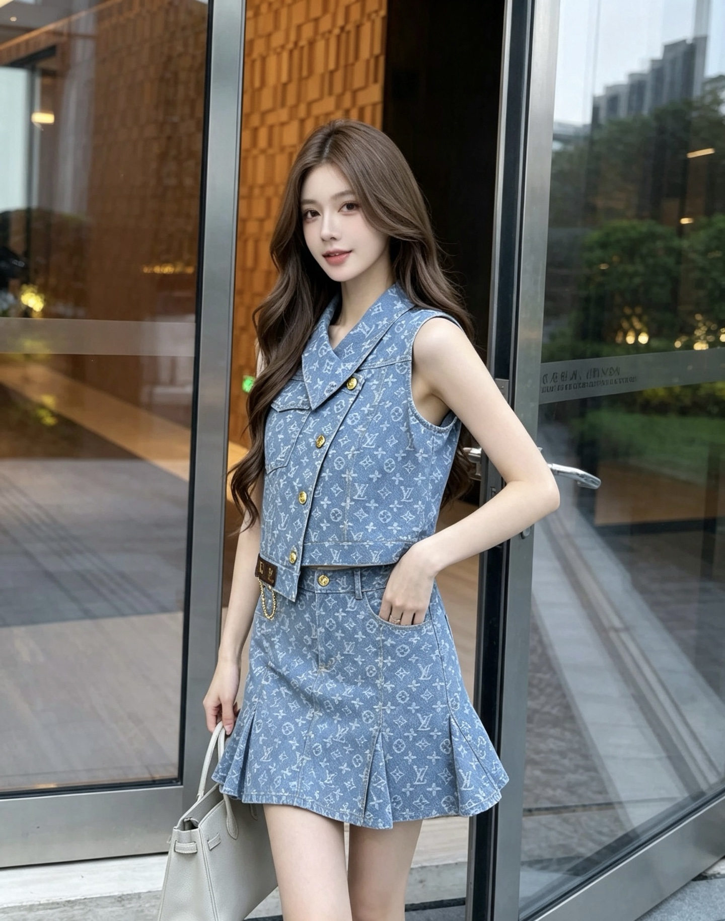 louis vuitton monogram denim vest skirt set
