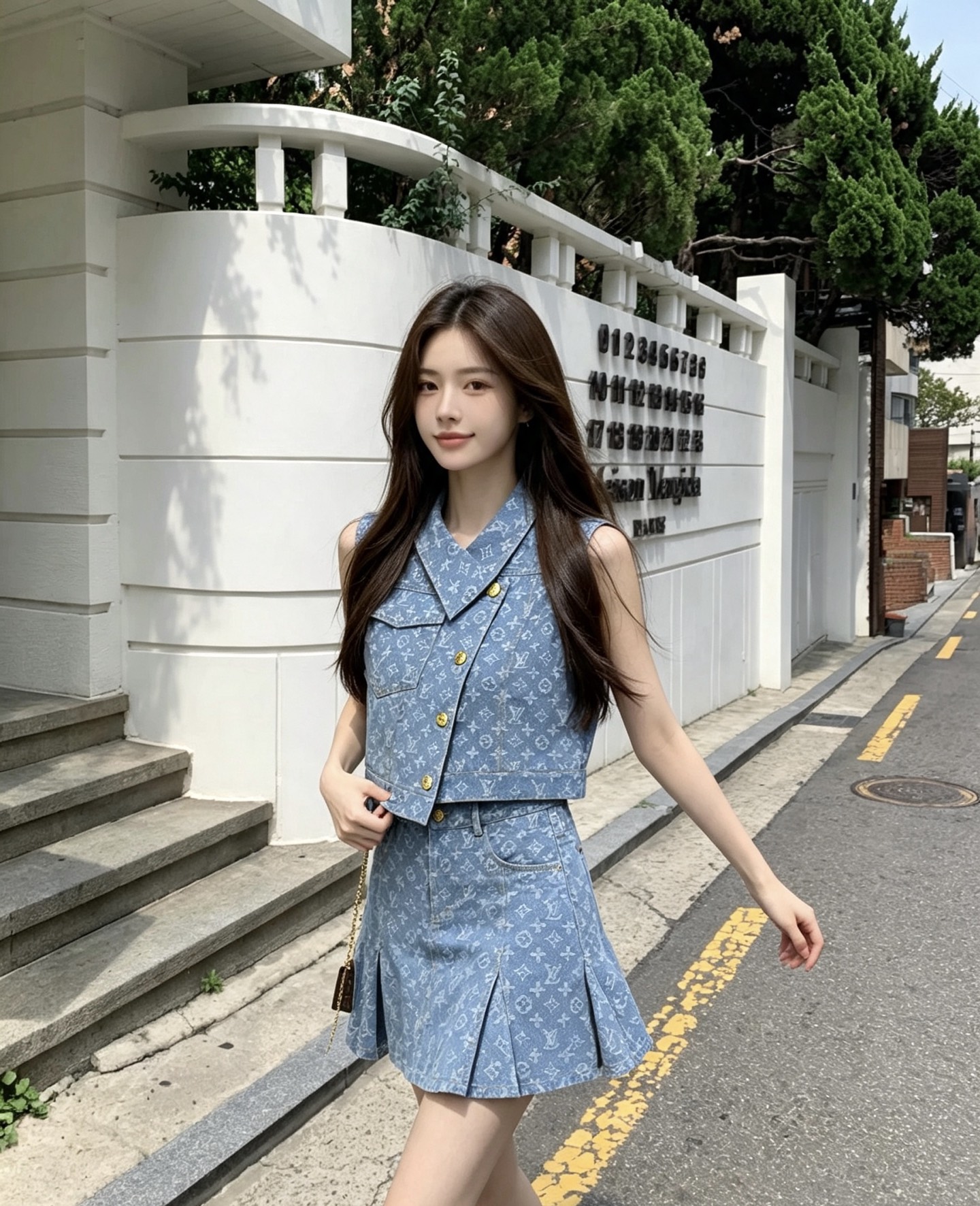louis vuitton monogram denim vest skirt set