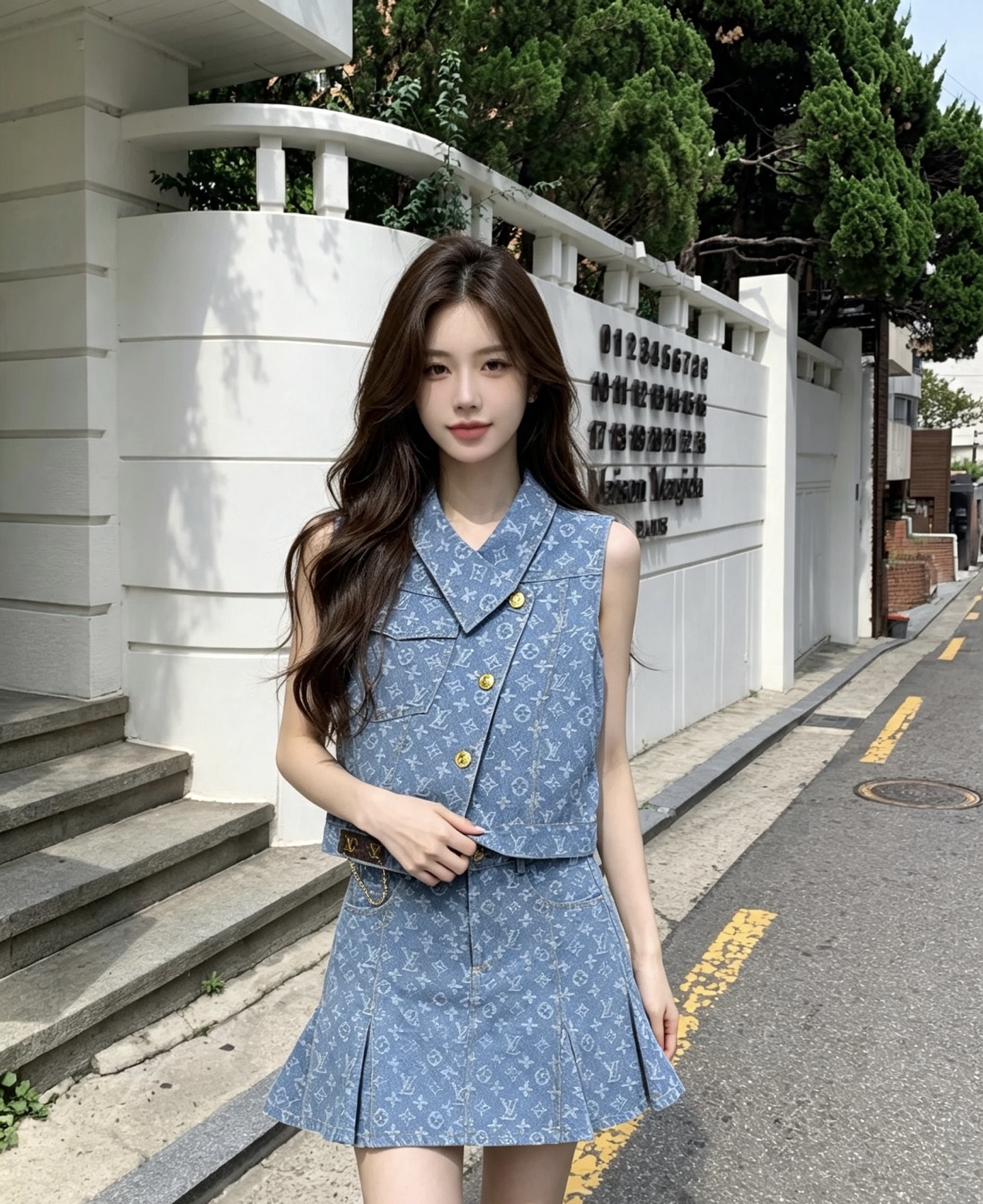 louis vuitton monogram denim vest skirt set