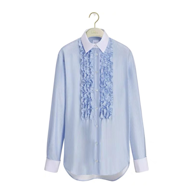 NO:944624,Model No. D26080188 Dio* new casual and fashionable loose version, contrasting color small flap collar stitching, single-breasted hem, short front and long back, half placket, three-dimensional cutting, layers of fungus lace, embellished with vertical stripes shirt!  (M size shoulder width 38, chest 94, sleeve length 56, front length 62/back center length 69), Dior-clothing, dior, dior, shirts,19860909款号D26080188 Dio*新款休闲时髦宽松版撞色小翻领袖口拼接、单排扣下摆前短后长半边门襟立体裁剪层层木耳边花边点缀竖条纹衬衫！（M码肩宽38,胸围94,袖长56,前衣长62/后中长69）,迪奥-服装,dior,dior,shirts,,Women's clothing