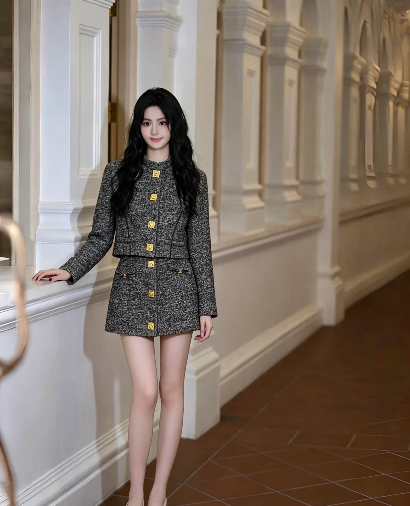 NO:948536,Style No. D26080538 Schiapare*li Schiapareli's new autumn and winter retro noble lady style two-piece suit!  Mixed-color textured yarn fabric with square edges and odd-shaped embossed gold buckle accessories. Stand-up collar, long-sleeved jacket, fashionable high-waisted slimming single-breasted accessories, A-line skirt and skirt!  (M size has shoulder width 39 with shoulder pads, bust 96, sleeve length 58, front length 40/back center length 55; waist 70, hip 96, skirt length 43), women's clothing, skirts, jackets & coats,19860909款号D26080538 Schiapare*li夏帕瑞利新款 秋冬复古贵气名媛风两件套装！混色肌理纱线面料方边奇型异状浮雕金扣配件立领长袖外套上衣时髦高腰显瘦单排扣配件A字短裙半身裙！（M码肩宽39有垫肩,胸围96,袖长58,前衣长40/后中长55；腰围70,臀围96,裙长43）,女装,skirts,jackets & coats,,Women's clothing