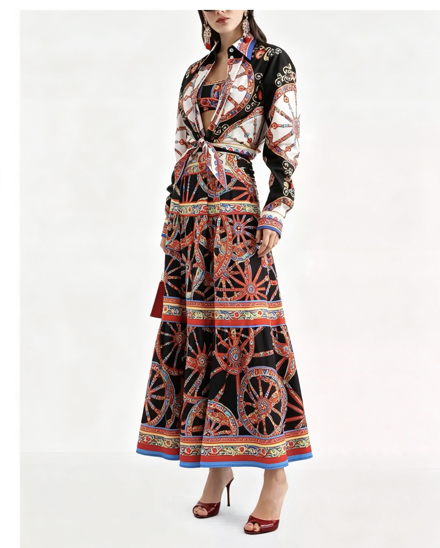 NO:948475,Style number D26080569 & Dolce & Gabbana DG* new retro style two-piece suit!  Circle wheel floral totem print polo collar small lapel small hem knotted strap design long-sleeved single-breasted shirt top high-waisted large skirt covering the flesh and slimming skirt!  (M size shoulder width 38, bust 94, sleeve length 56, dress length 42; waist 70 stretchable, skirt length 90), Dolce & Gabbana - Clothing, Dolce&Gabbana, skirts, shirts,19860909款号D26080569 &杜嘉班纳DG*新款复古风两件套装！圆圈车轮花卉图腾印花polo领小翻领小摆打结绑带式设计长袖单排扣衬衫上衣高腰大裙摆遮肉显瘦半身裙！ （M码肩宽38,胸围94,袖长56,衣长42；腰围70可弹力,裙长90）,杜嘉班纳-服装,Dolce&Gabbana,skirts,shirts,,Women's clothing
