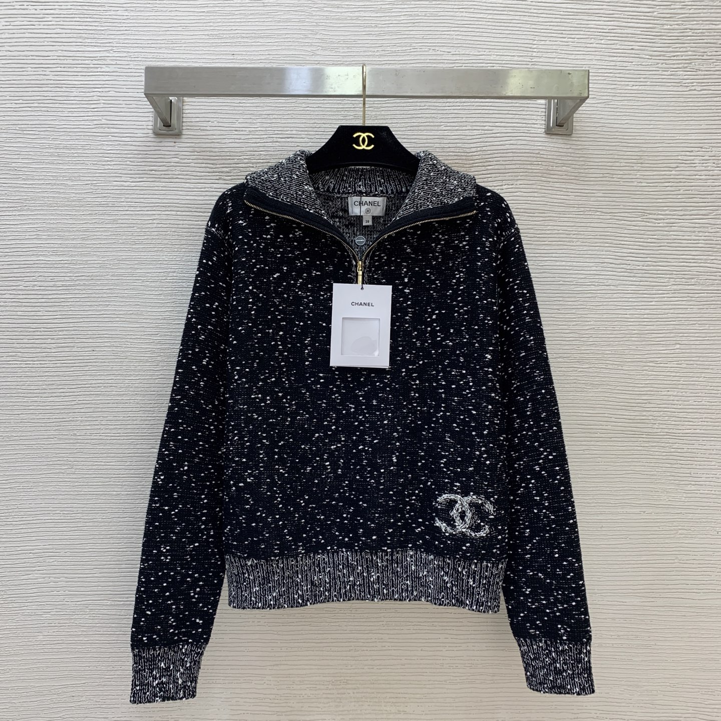 Chanel Black Speckled Half Zip Sweater