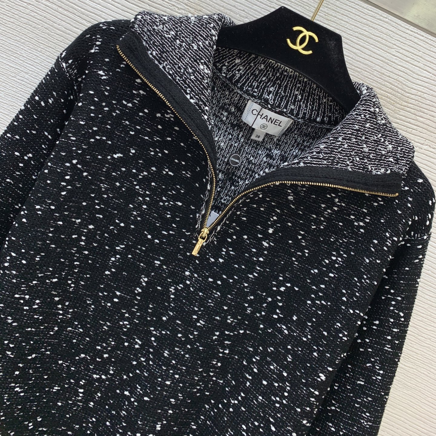 Chanel Black Speckled Half Zip Sweater