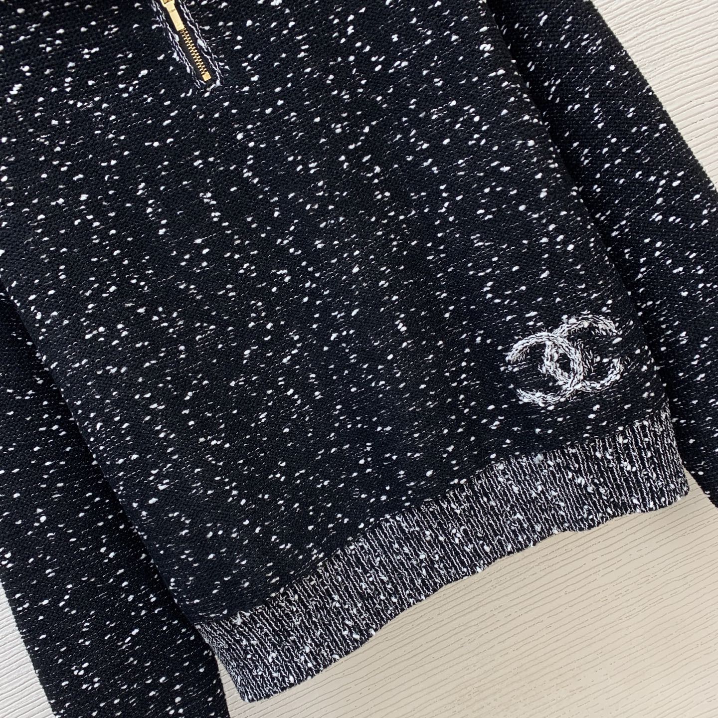 Chanel Black Speckled Half Zip Sweater
