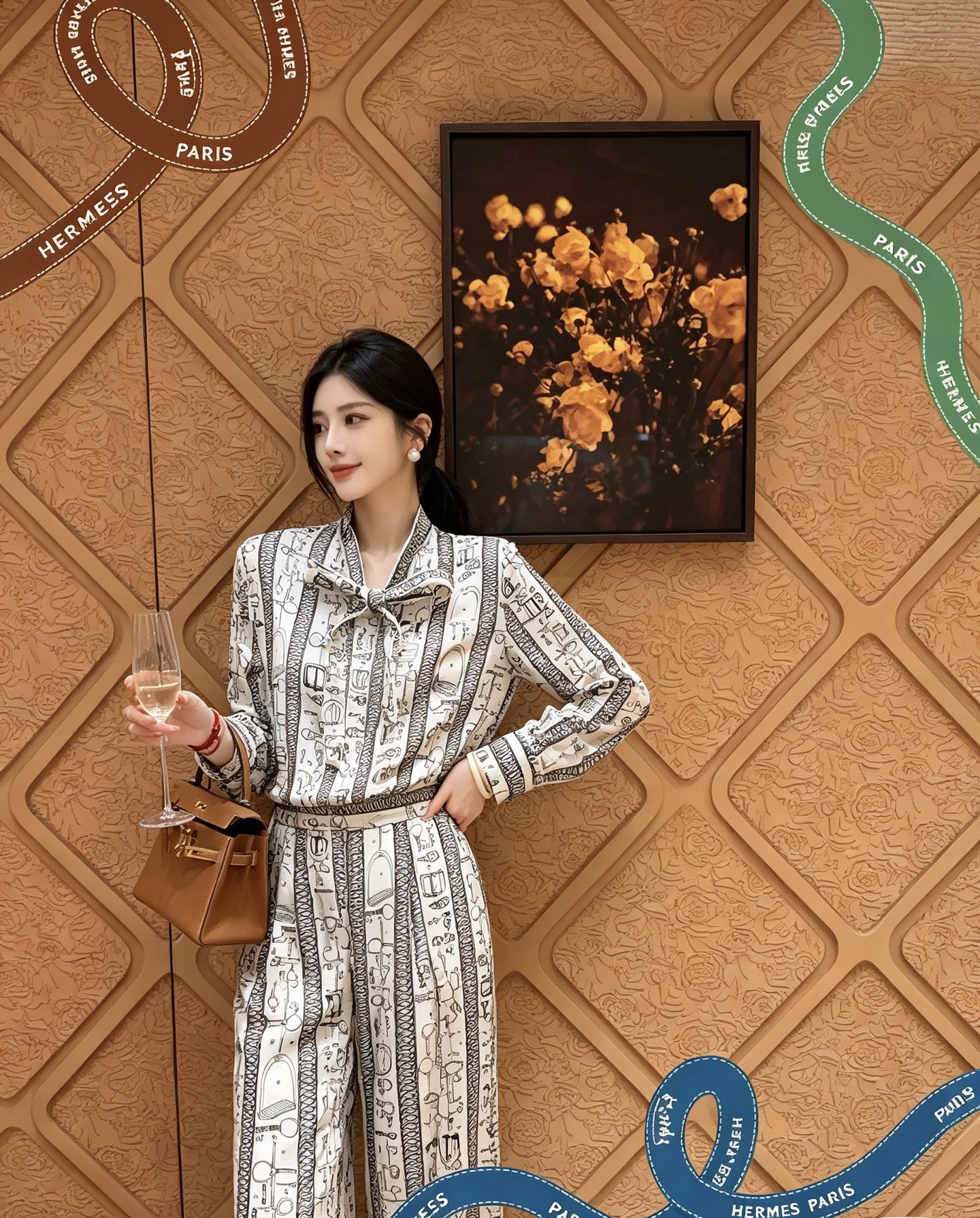 Hermes Equestrian Print Wide Leg Pants