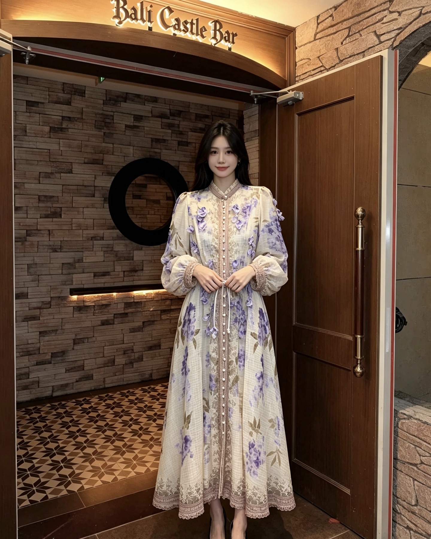 Purple Floral Long-Sleeve Dress