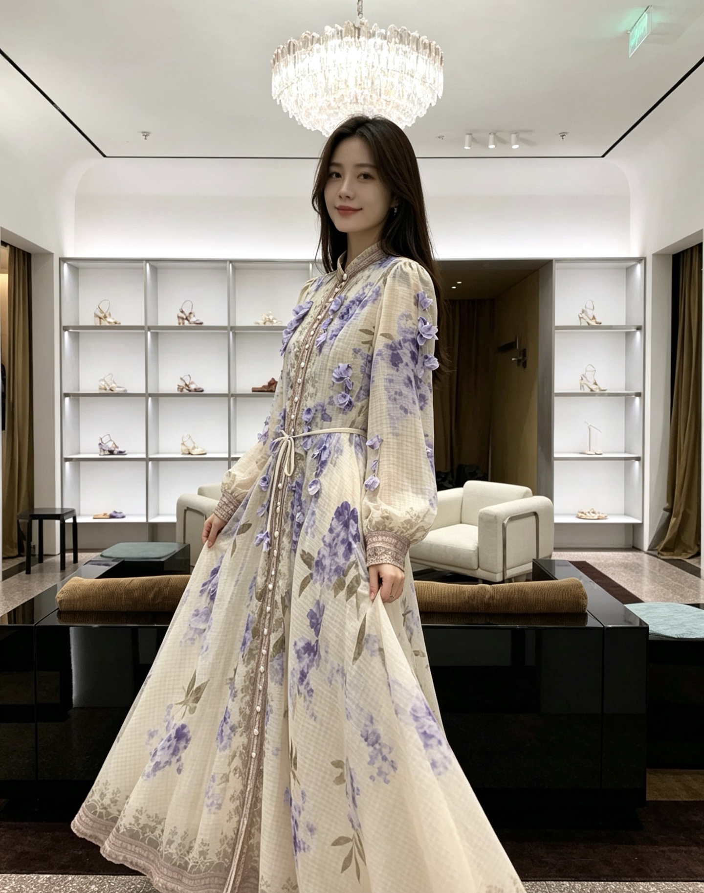 Purple Floral Long-Sleeve Dress