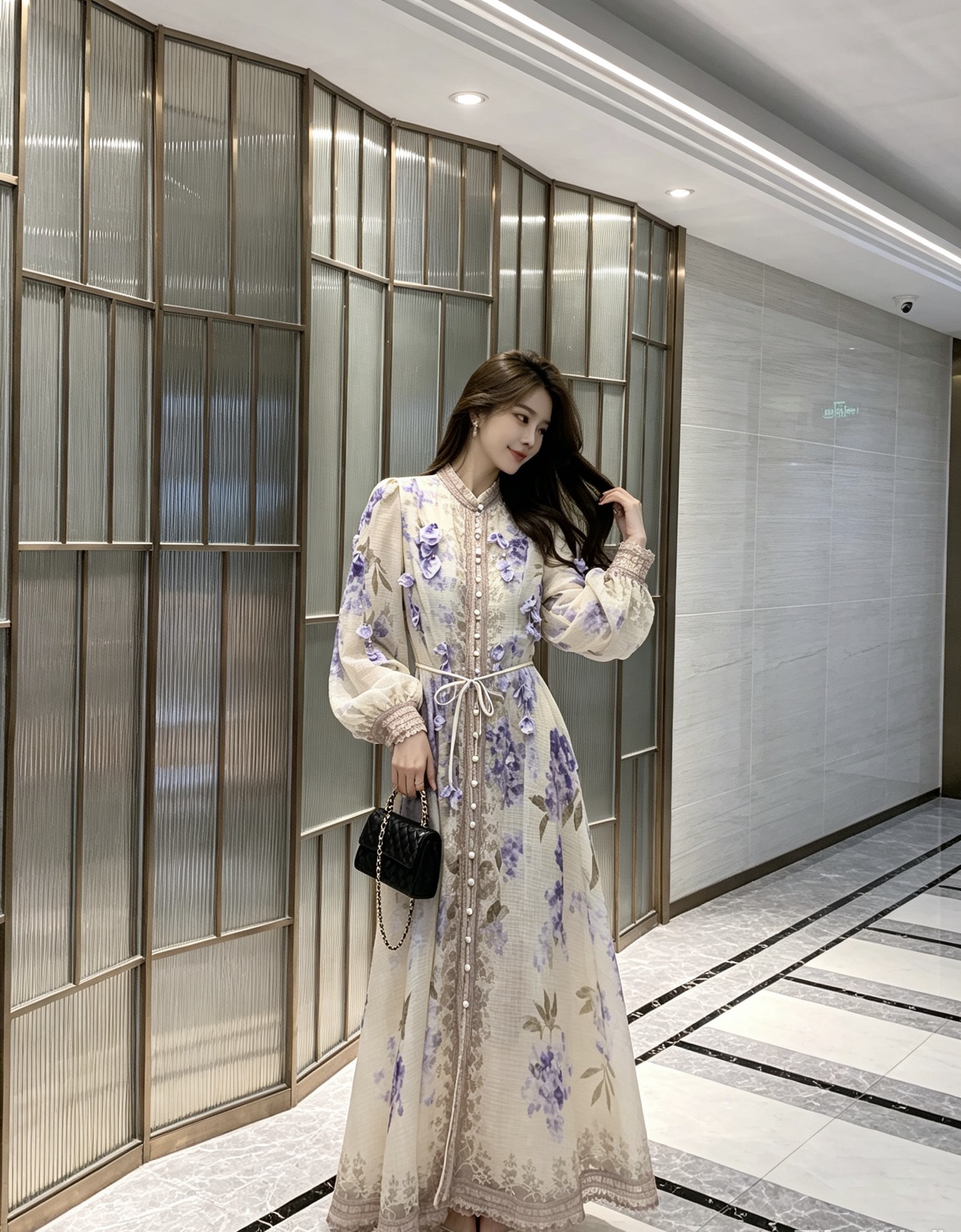 Purple Floral Long-Sleeve Dress