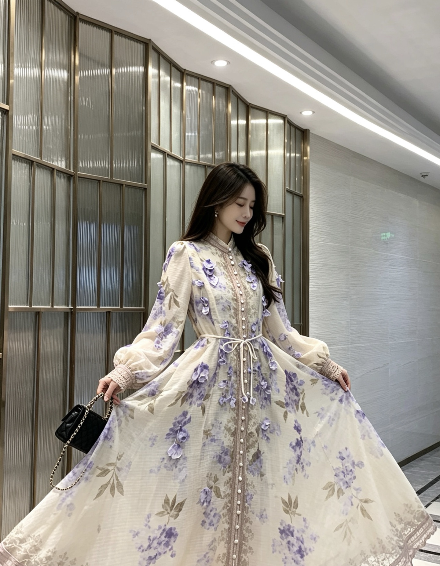 Purple Floral Long-Sleeve Dress