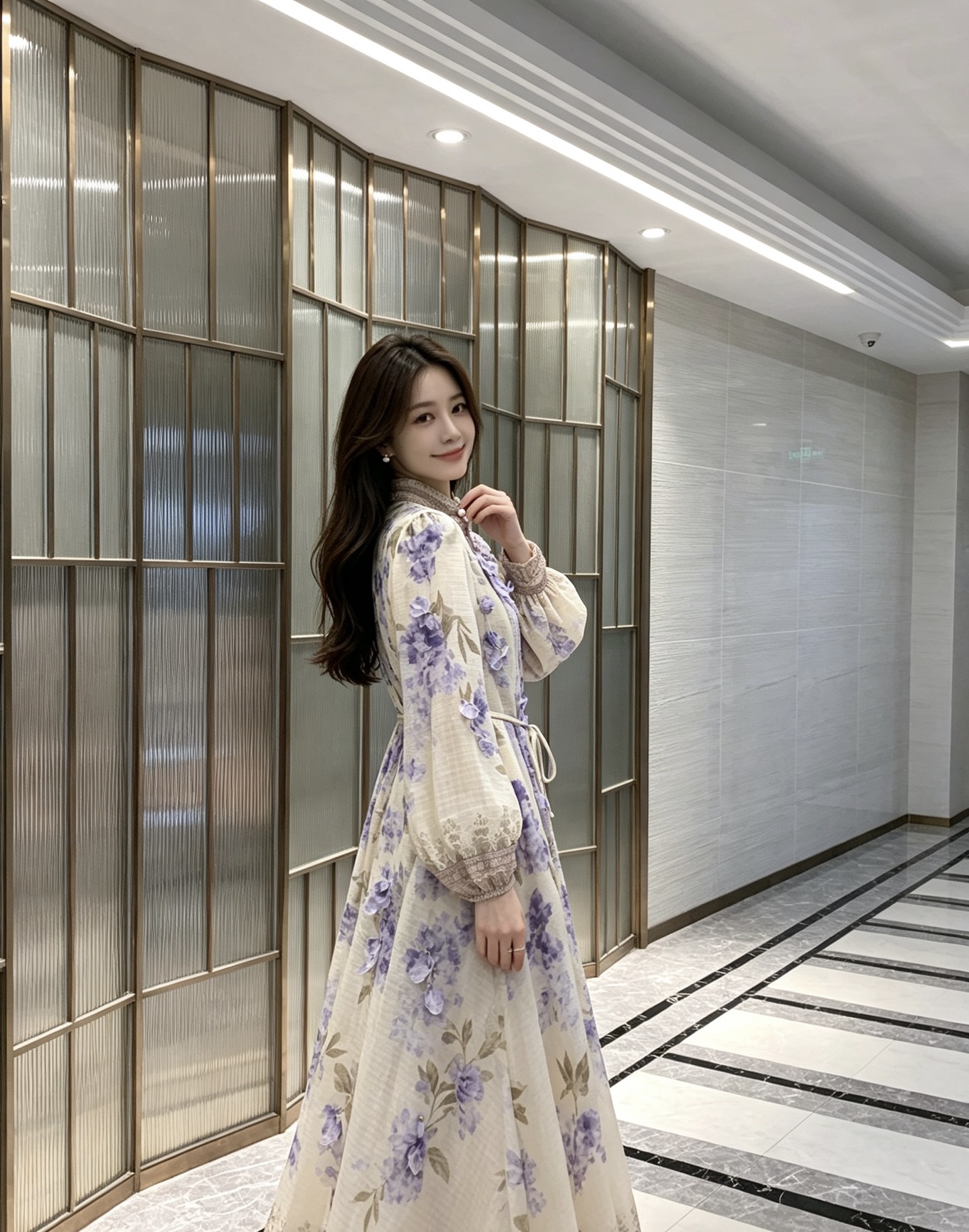 Purple Floral Long-Sleeve Dress