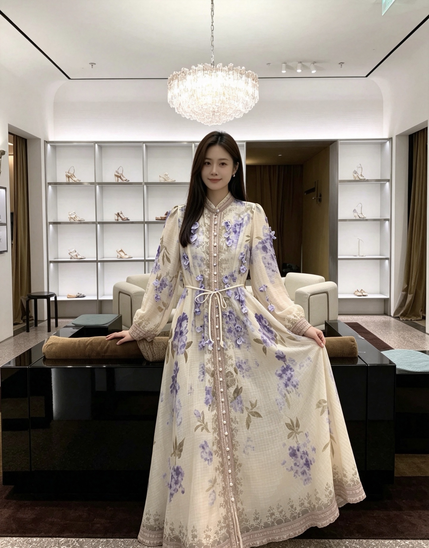 Purple Floral Long-Sleeve Dress