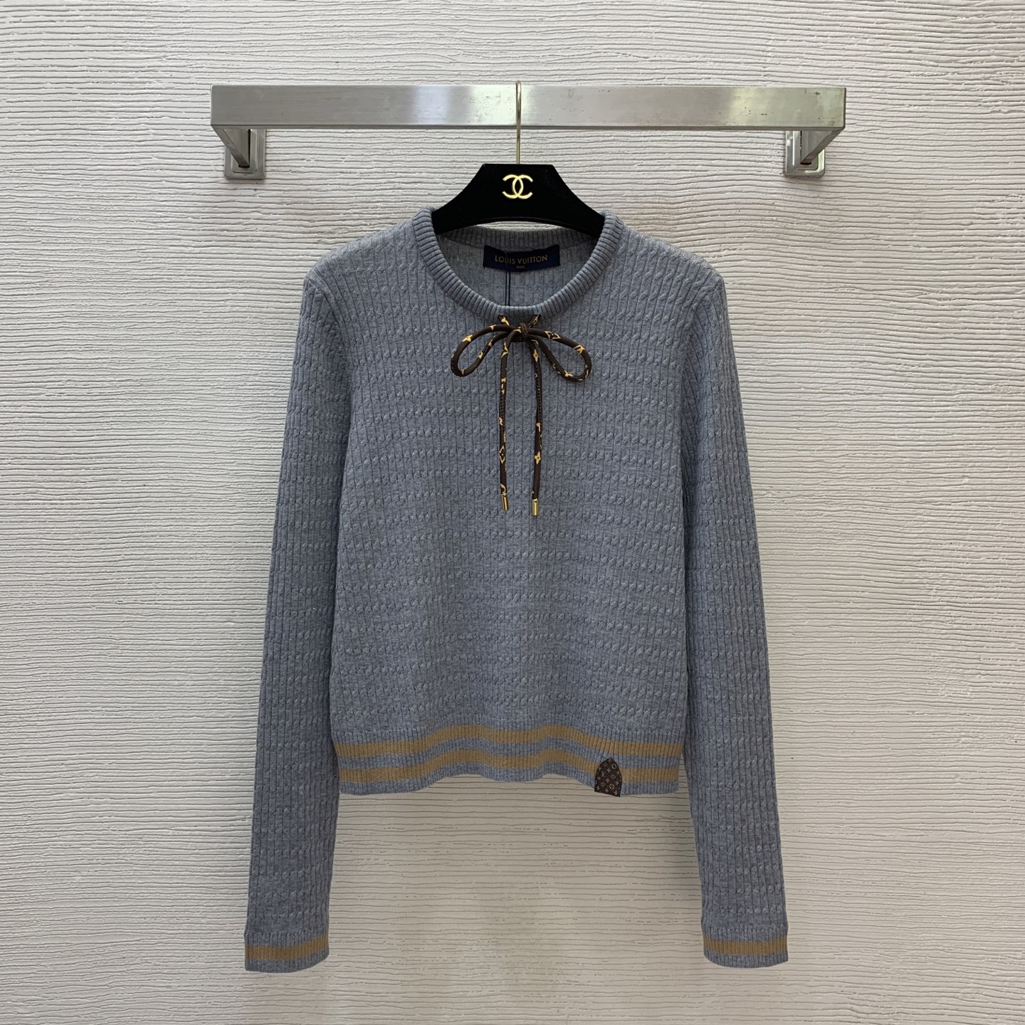 Louis Vuitton Gray Tie Neck Ribbed Sweater