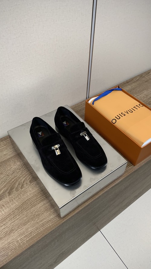 Louis Vuitton Men's Black Suede Leather Lock Detail Loafers Business Shoes 1 Louis Vuitton Men's Black Suede Leather Lock Detail Loafers Business Shoes