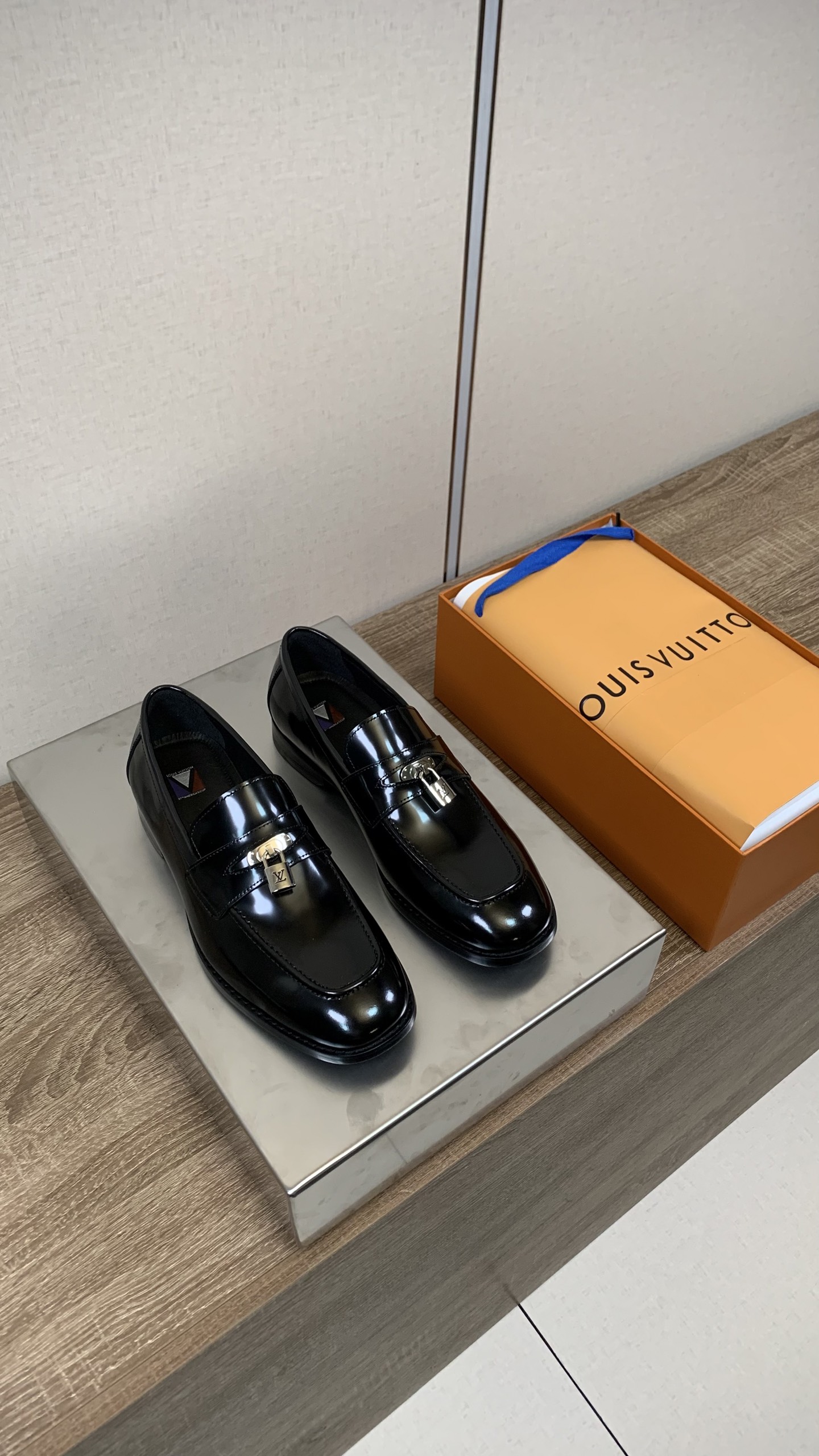 Louis Vuitton Men's Black Leather Loafers with Lock Detail, Sizes 39-46