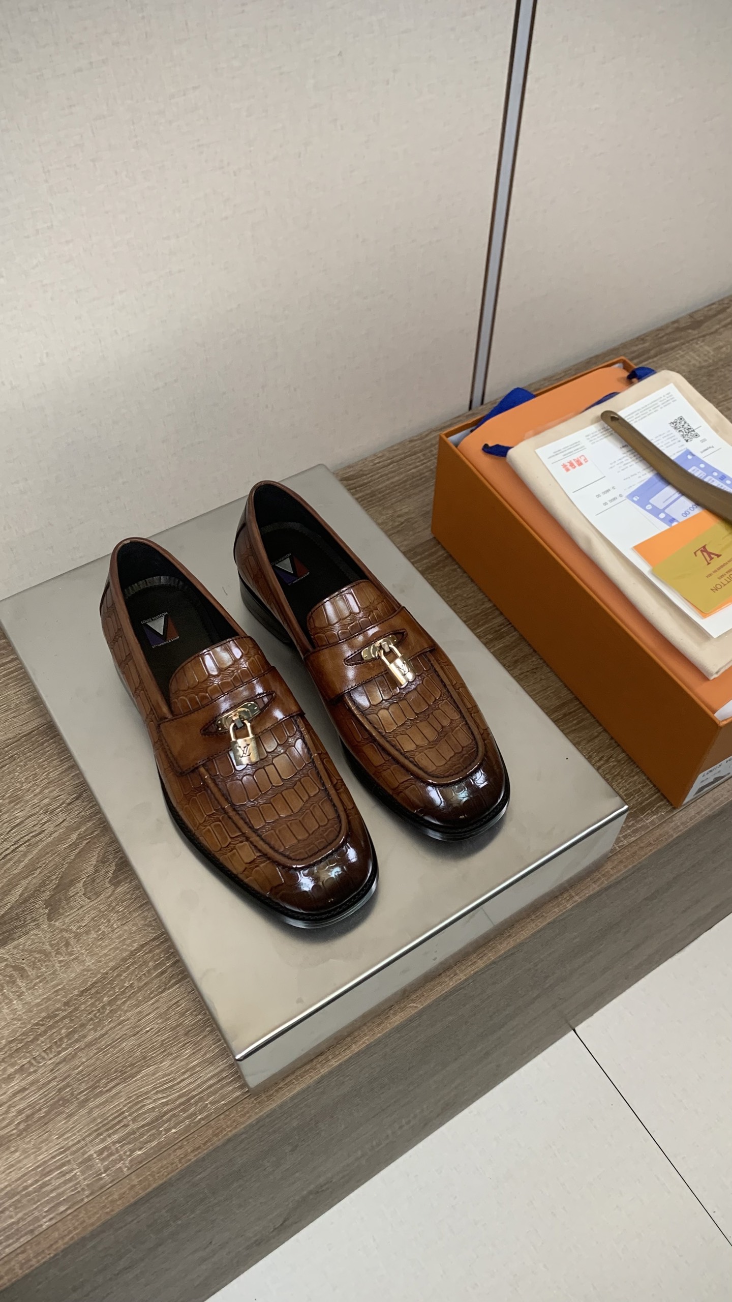 Louis Vuitton Men's Brown Leather Loafers with Embossed Crocodile Pattern