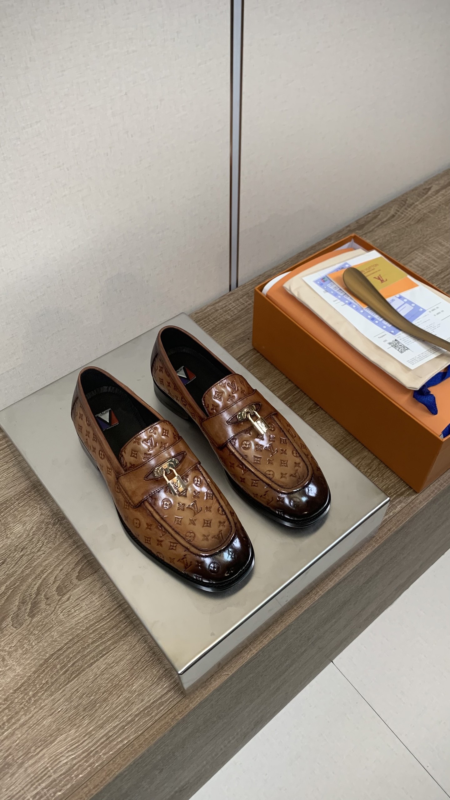 Louis Vuitton Men's Brown Leather Embossed Loafers Business Casual Shoes