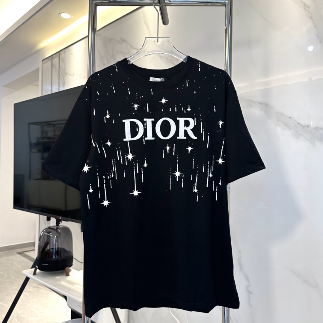 DIOR|Dior 24SS Camiseta de manga corta con bordado de cepillo de dientes con estampado de meteoritos - Tela personaliza…