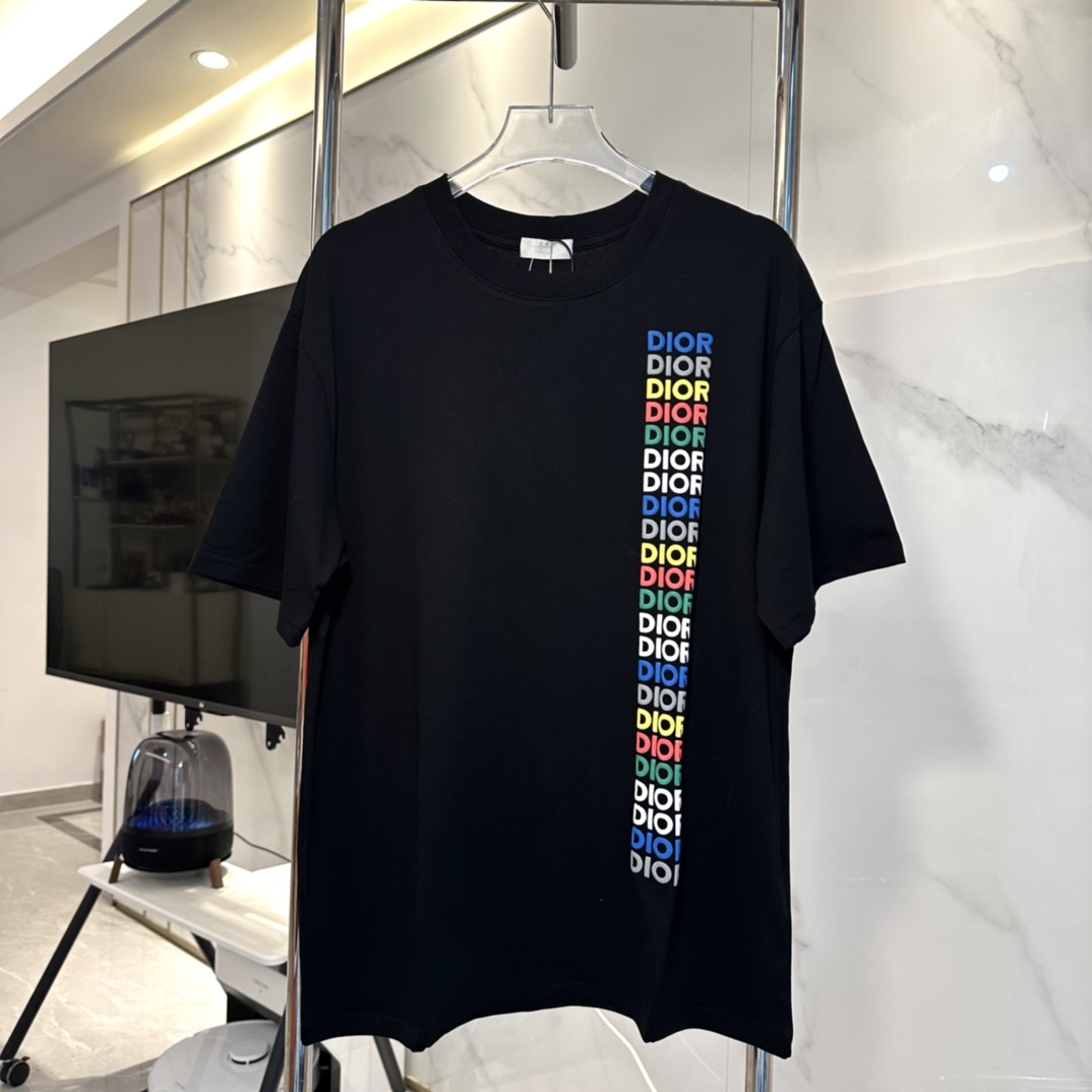 DIOR| Mangas cortas estampadas con el logotipo del arco iris de rayas verticales Dior 24SS - Tejido personali…