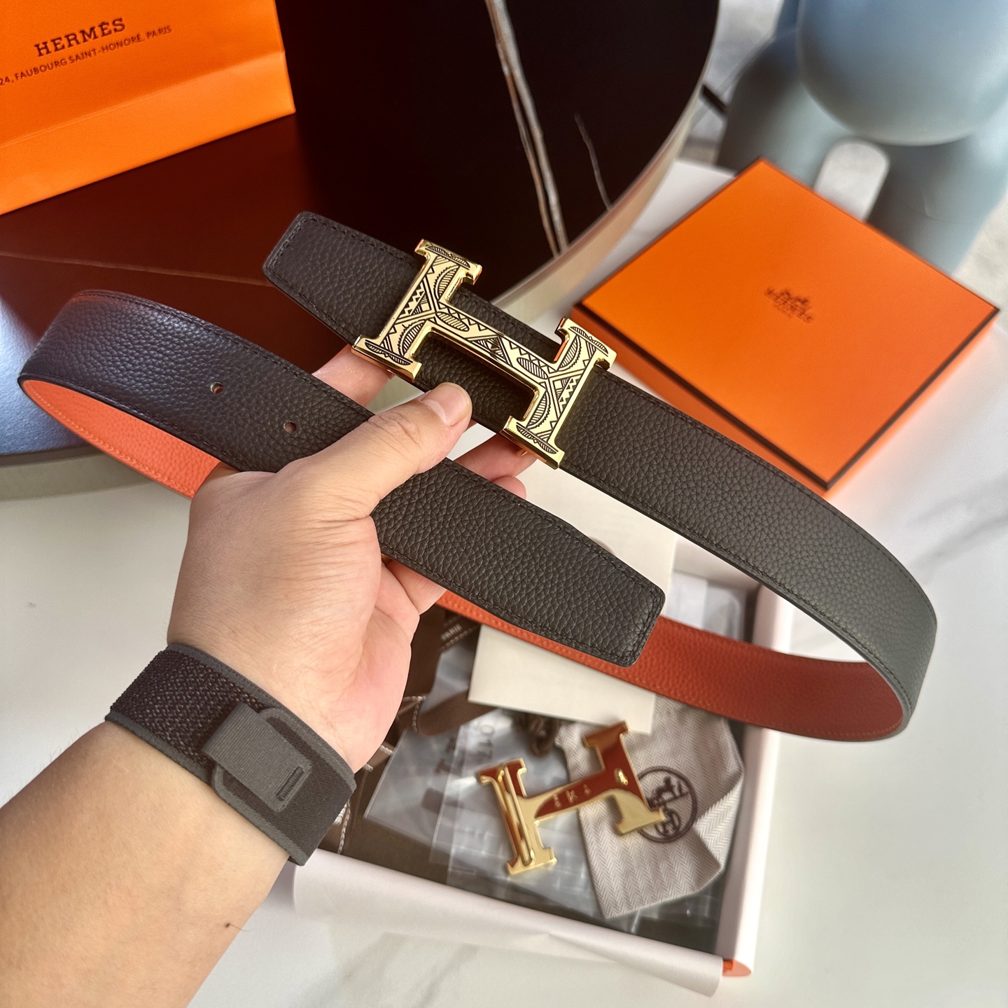 Hermès P255 二面使い可能な高級レザーウエストバンド