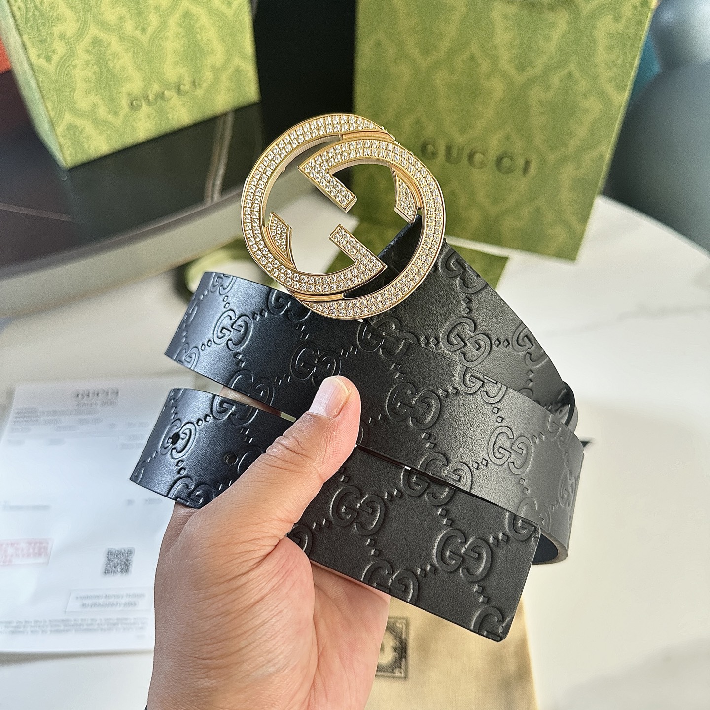 GUCCI メンズ P392 ダブルGバックル 40mm レザー ベルト