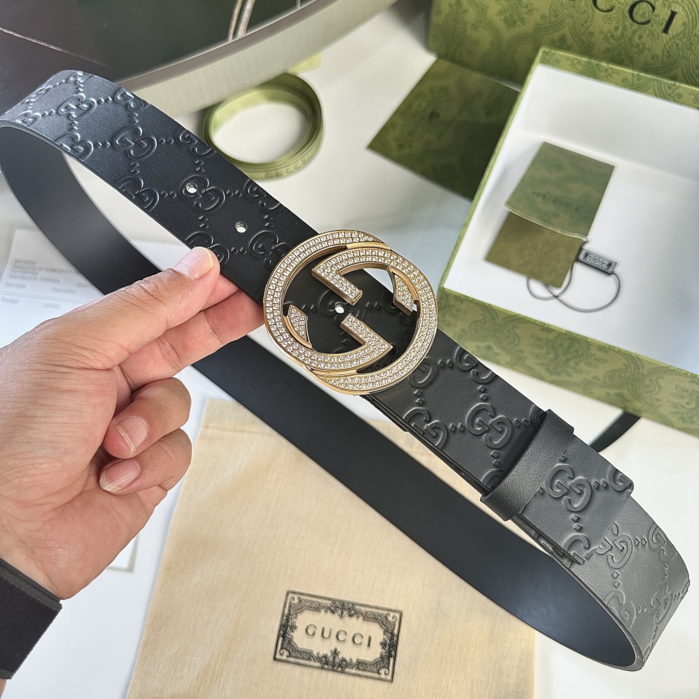 GUCCI メンズ P392 ダブルGバックル 40mm レザー ベルト