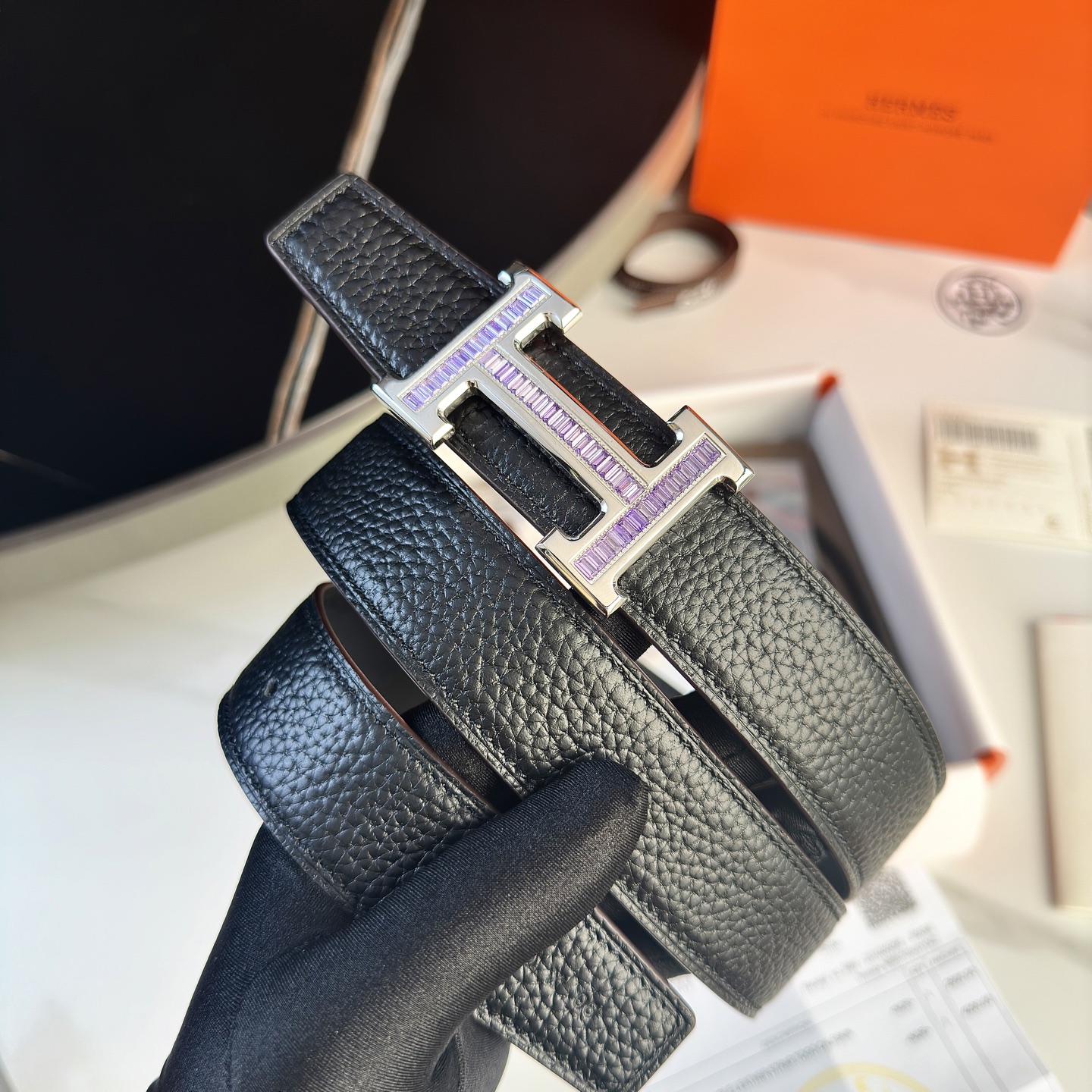 Luxury HermeS P426 P.O.S. Men’s Belt with 32mm Togo Leather and Gold Diamond Button - 图片 2