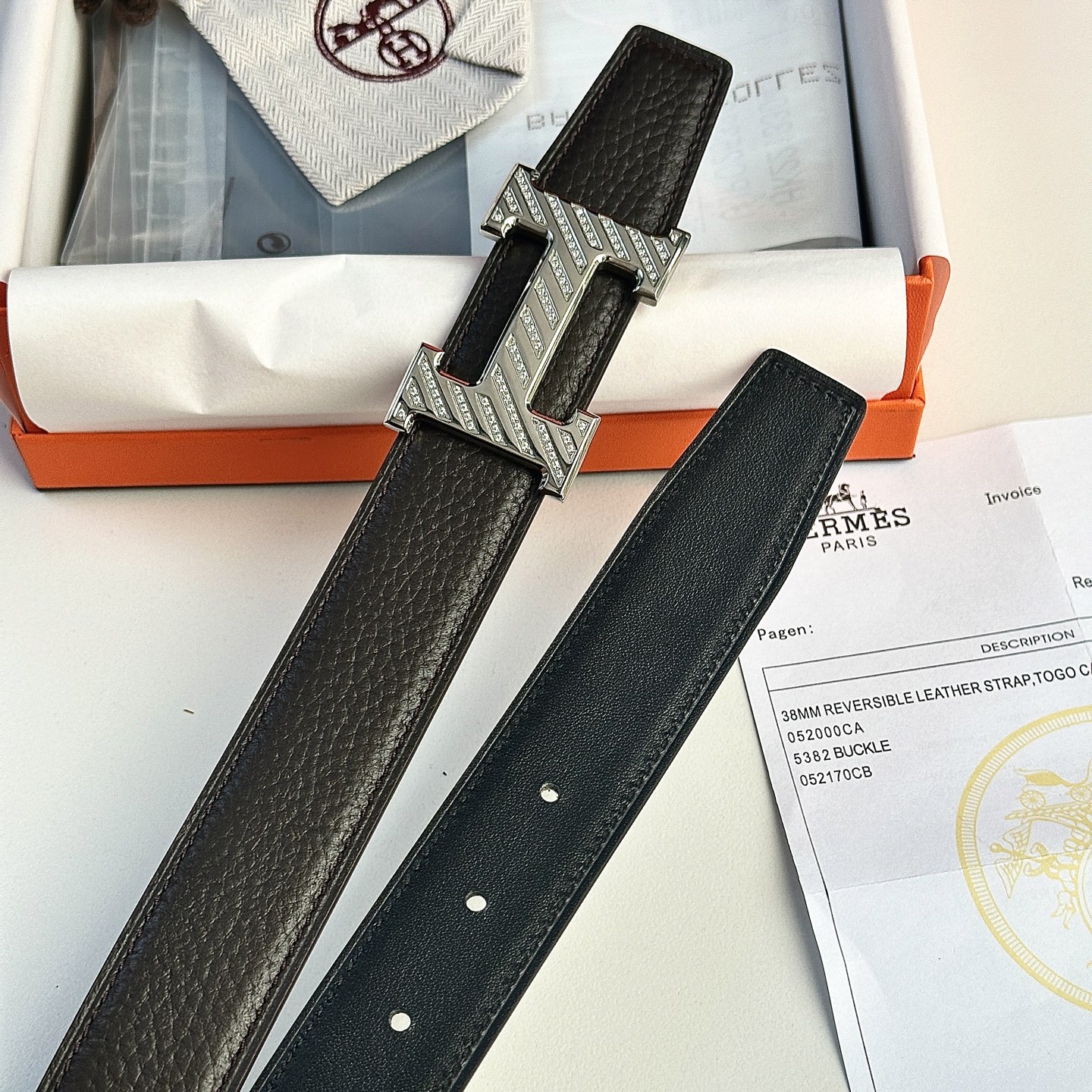 Luxury Hermes Men’s 32mm Togo Leather Belt with Gold Diamond Buckle - 图片 5
