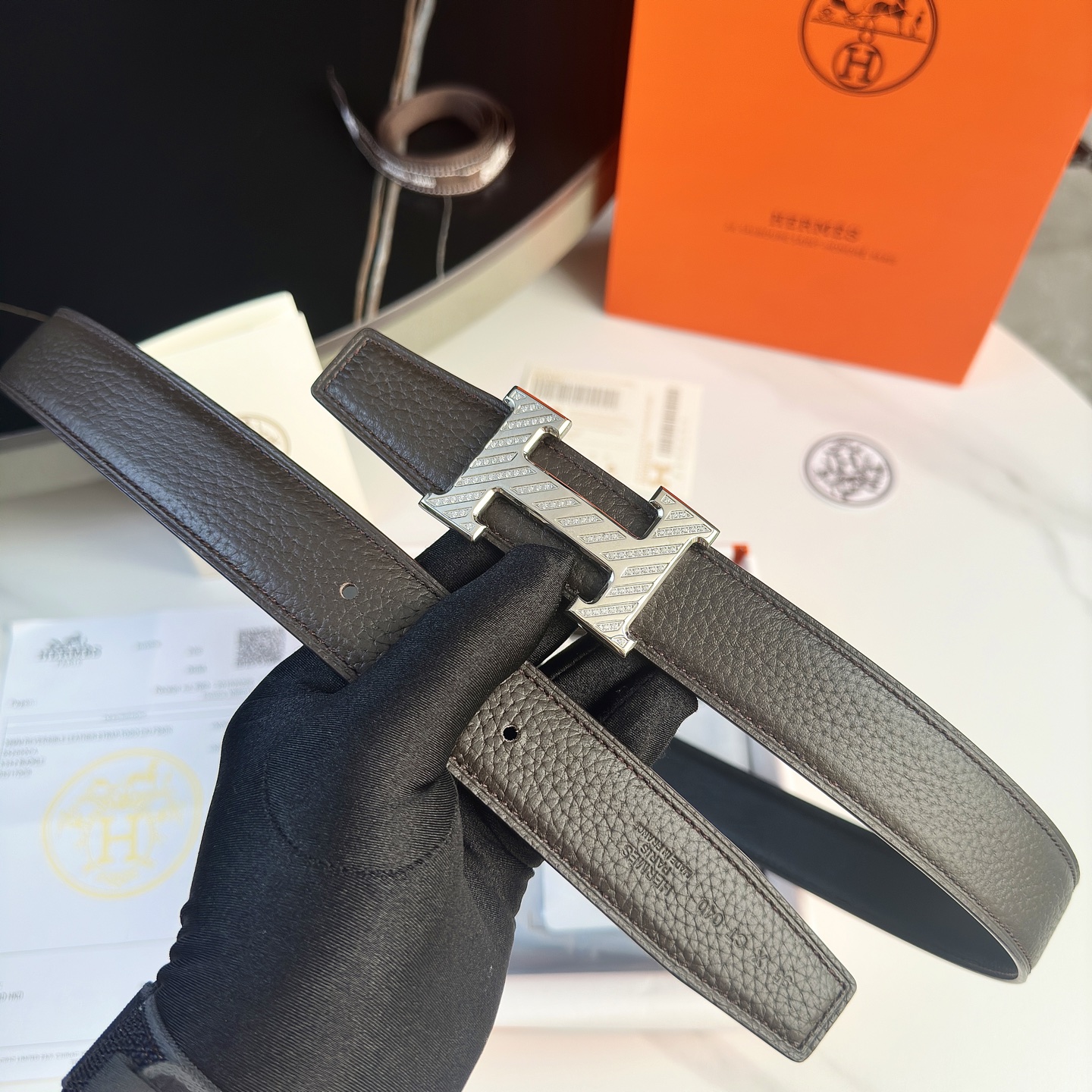Luxury Hermes Men’s 32mm Togo Leather Belt with Gold Diamond Buckle - 图片 1