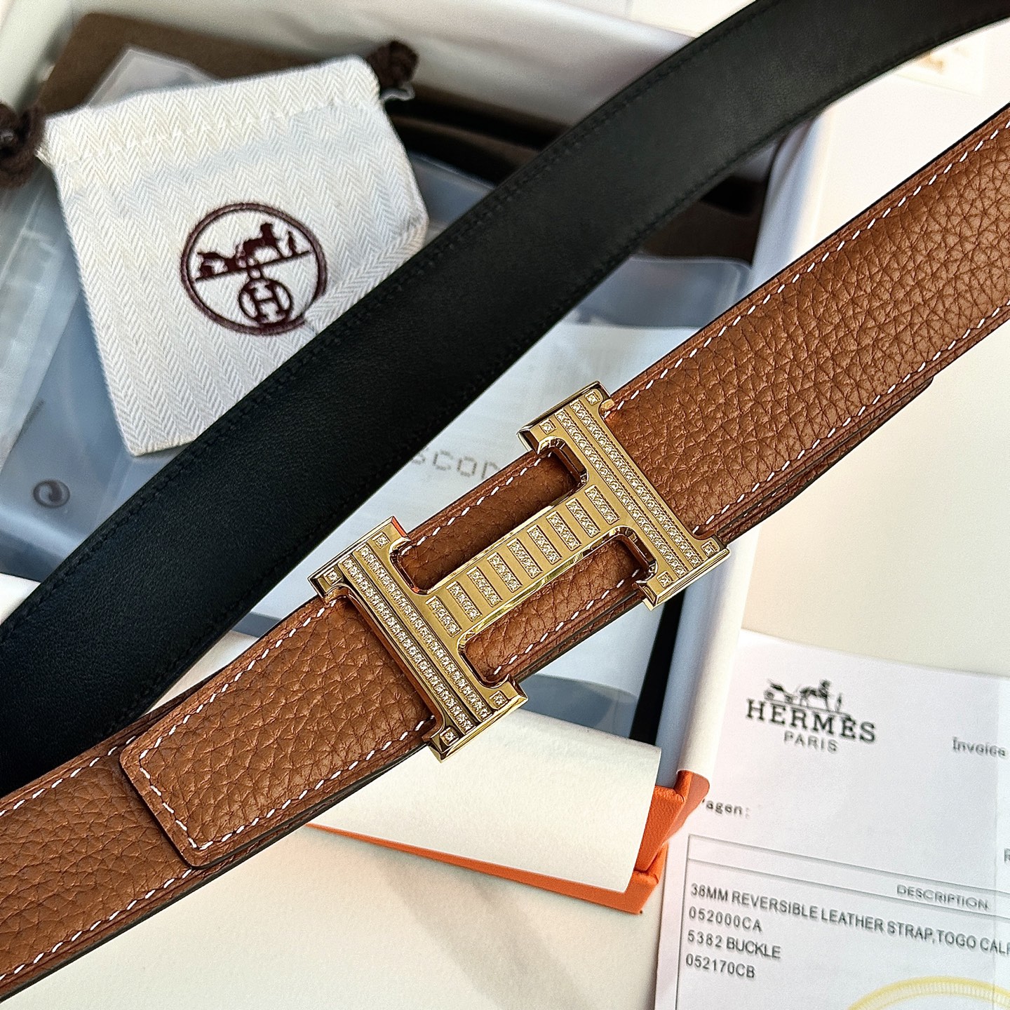 Luxury HermeS P426 P.O.S. Men’s Belt: 32mm Original Togo Leather with Gold Diamond Button - 图片 5